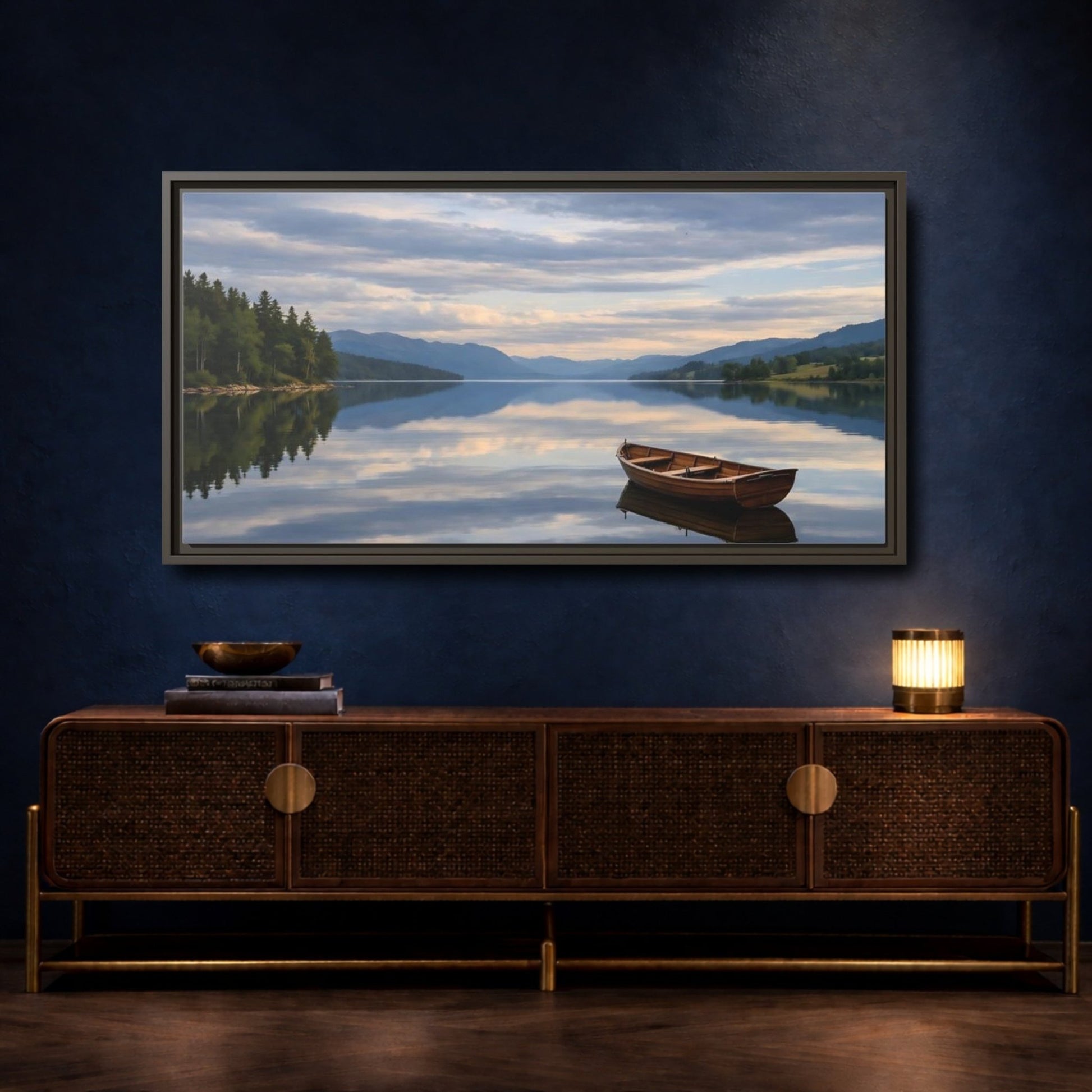 Landscape Nature Wooden Boat Blue Lake - Framed Canvas Wall Art Print - YesArtYes