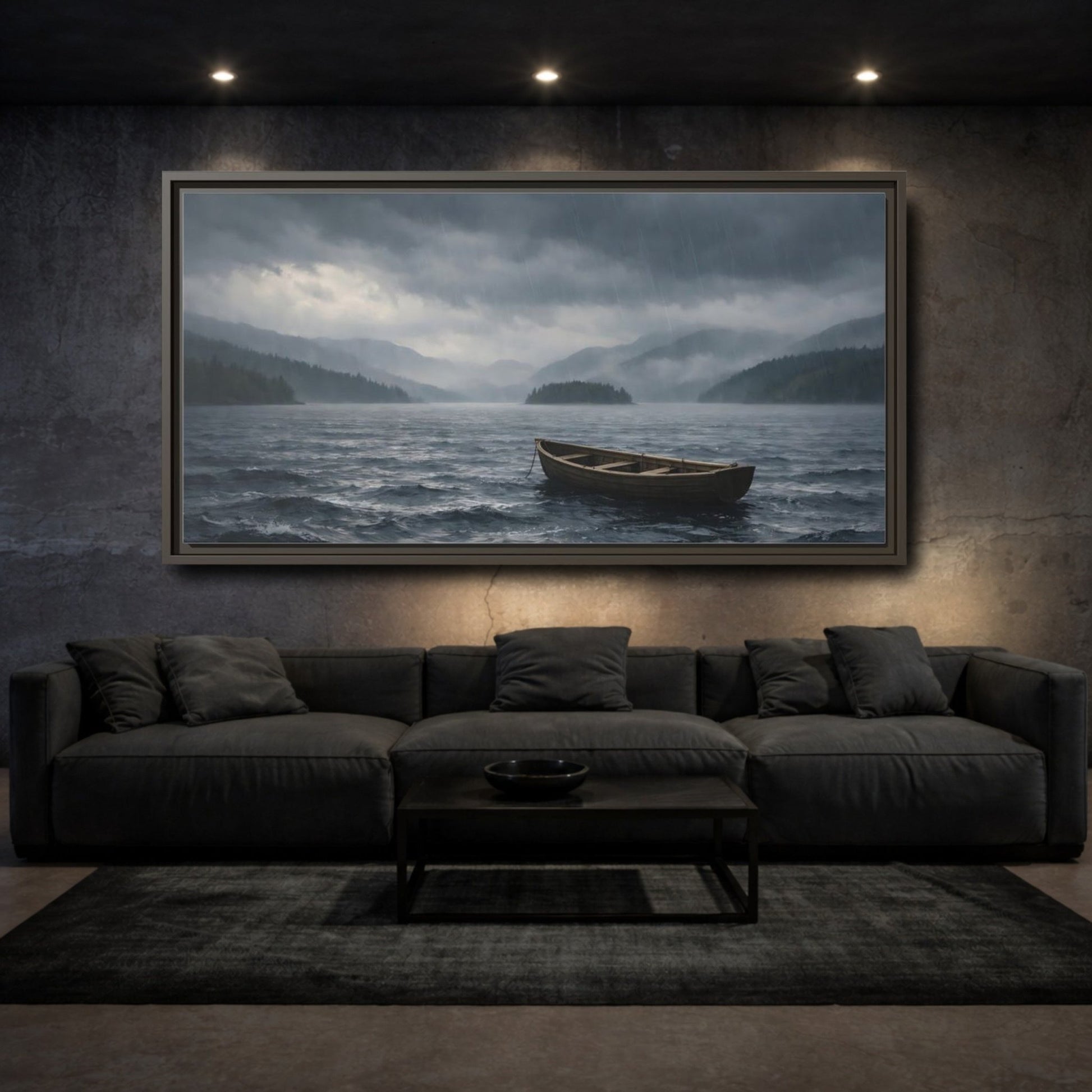 Landscape Nature Wooden Boat Dark Blue - Framed Canvas Wall Art Print - YesArtYes