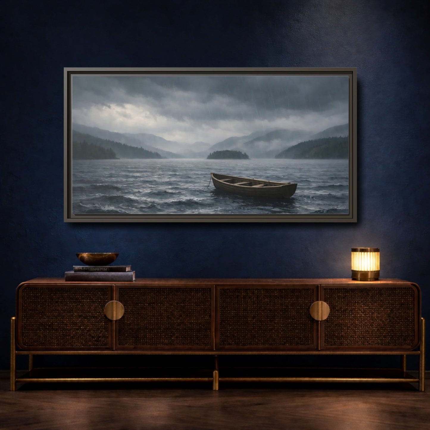 Landscape Nature Wooden Boat Dark Blue - Framed Canvas Wall Art Print - YesArtYes
