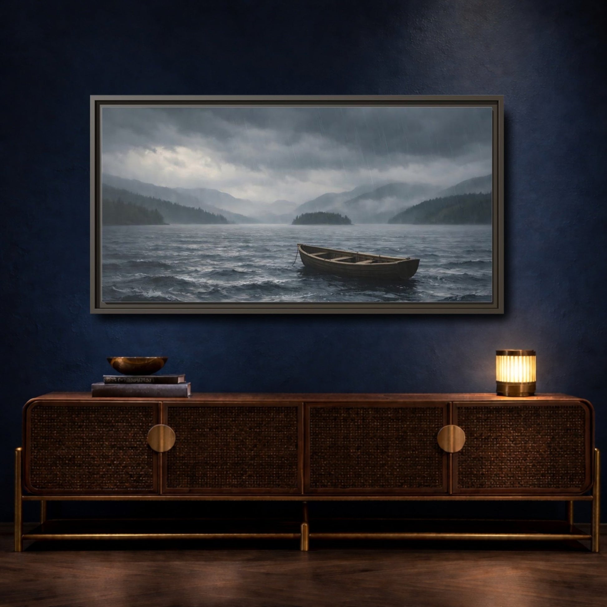 Landscape Nature Wooden Boat Dark Blue - Framed Canvas Wall Art Print - YesArtYes
