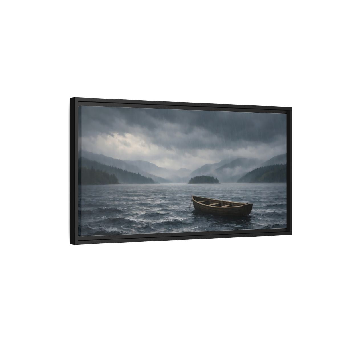 Landscape Nature Wooden Boat Dark Blue - Framed Canvas Wall Art Print - YesArtYes