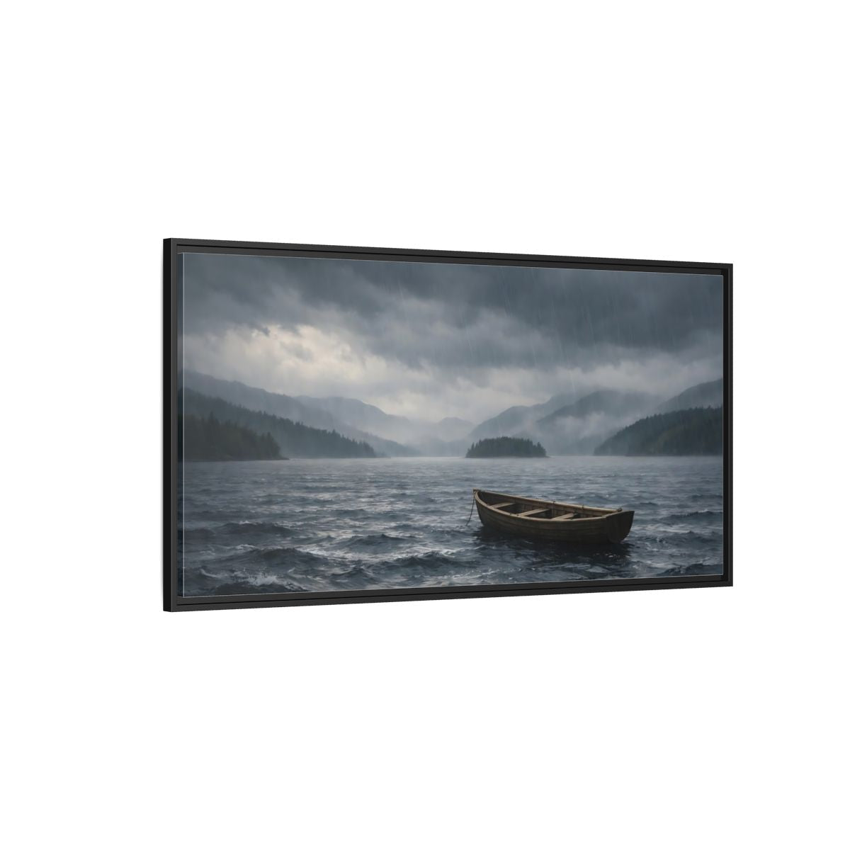 Landscape Nature Wooden Boat Dark Blue - Framed Canvas Wall Art Print - YesArtYes