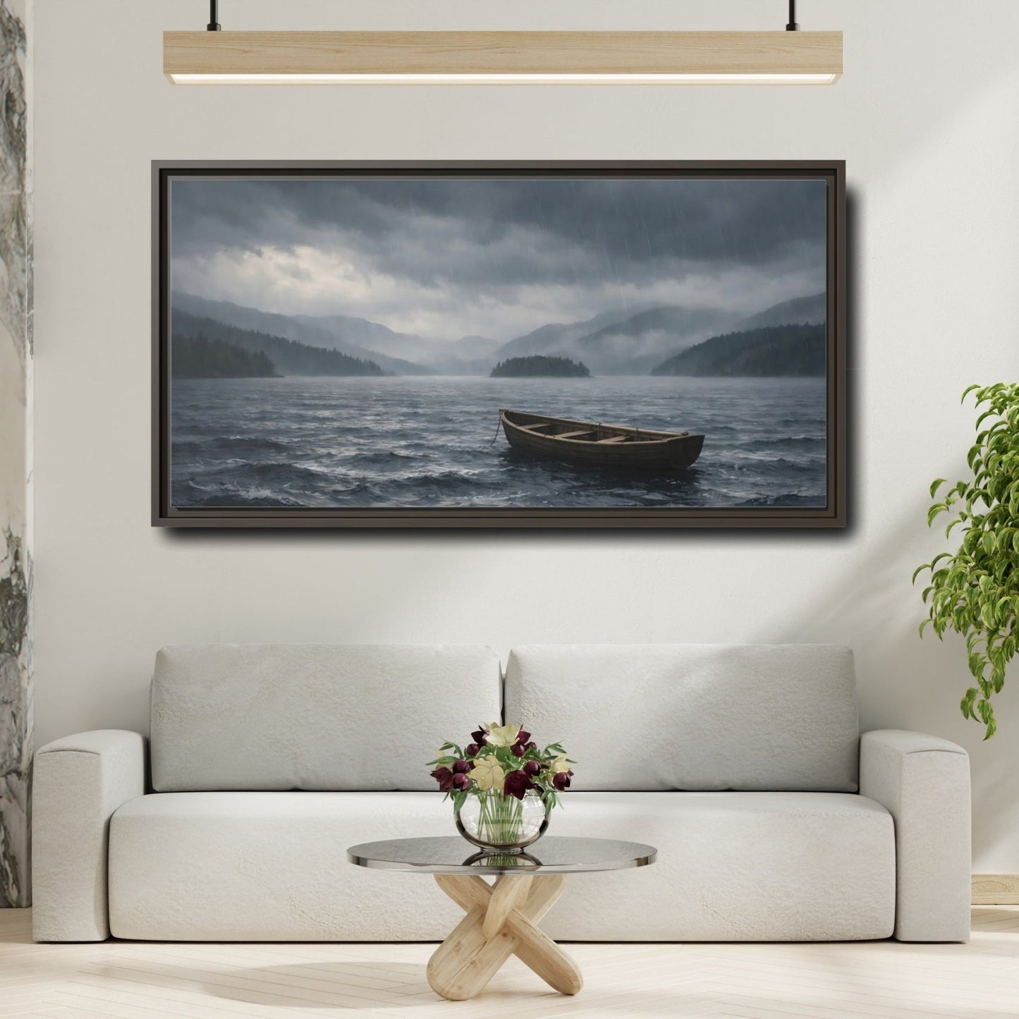 Landscape Nature Wooden Boat Dark Blue - Framed Canvas Wall Art Print - YesArtYes