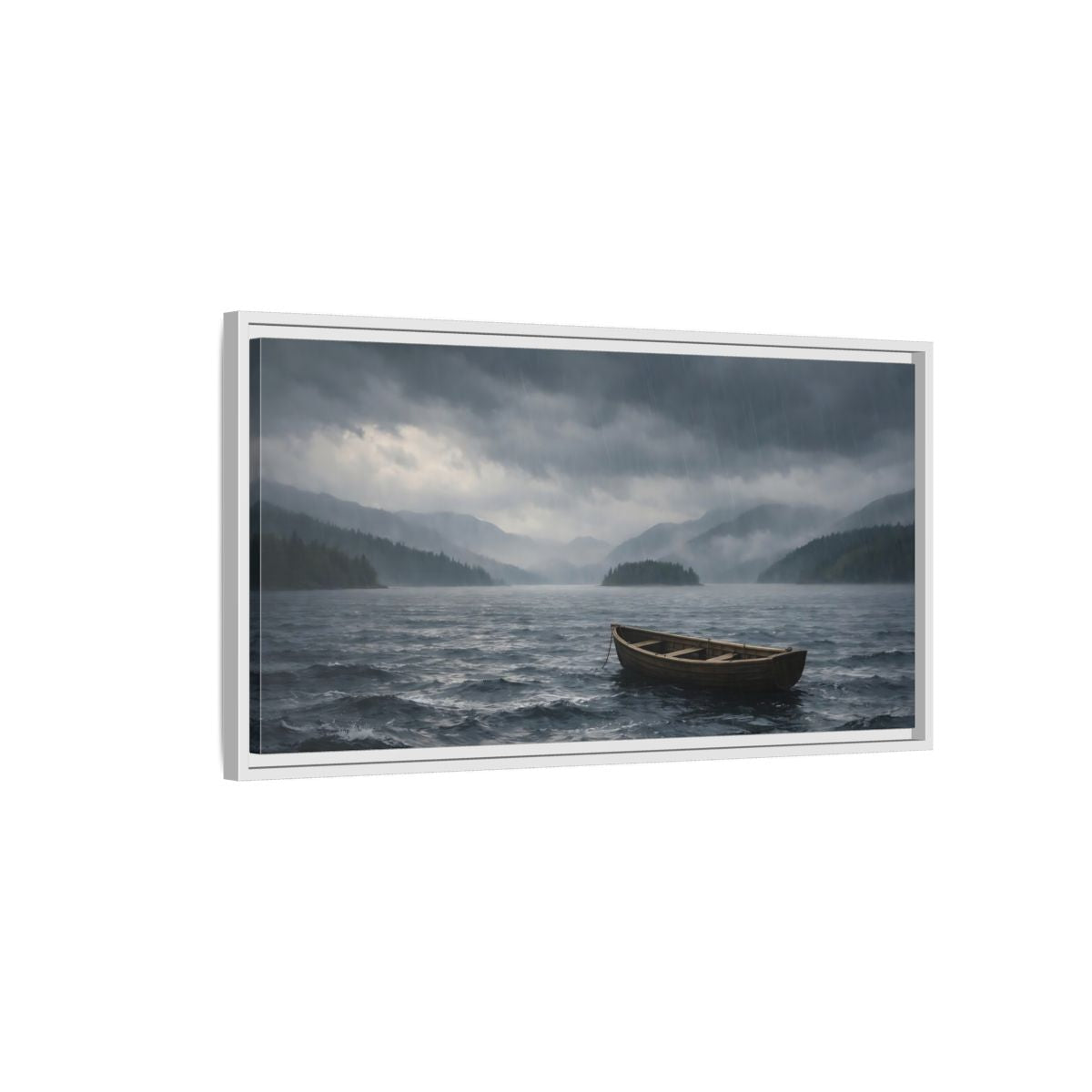 Landscape Nature Wooden Boat Dark Blue - Framed Canvas Wall Art Print - YesArtYes