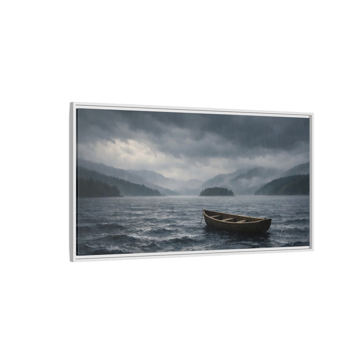 Landscape Nature Wooden Boat Dark Blue - Framed Canvas Wall Art Print - YesArtYes