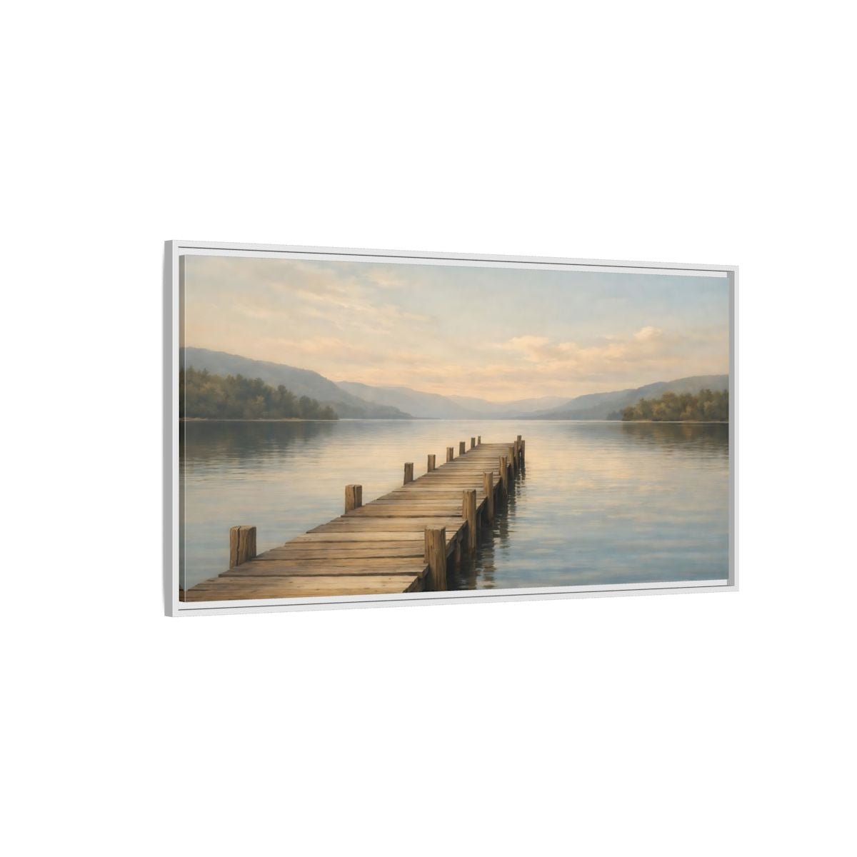 Landscape Nature Wooden Pier Blue And - Framed Canvas Wall Art Print - YesArtYes