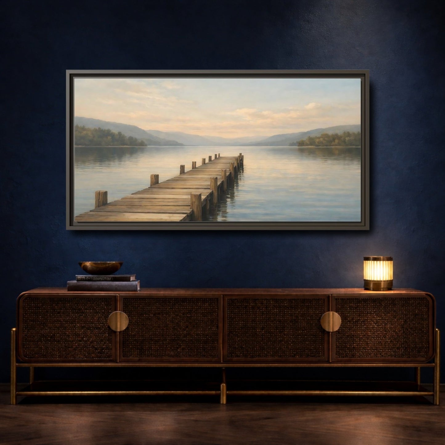 Landscape Nature Wooden Pier Blue And - Framed Canvas Wall Art Print - YesArtYes