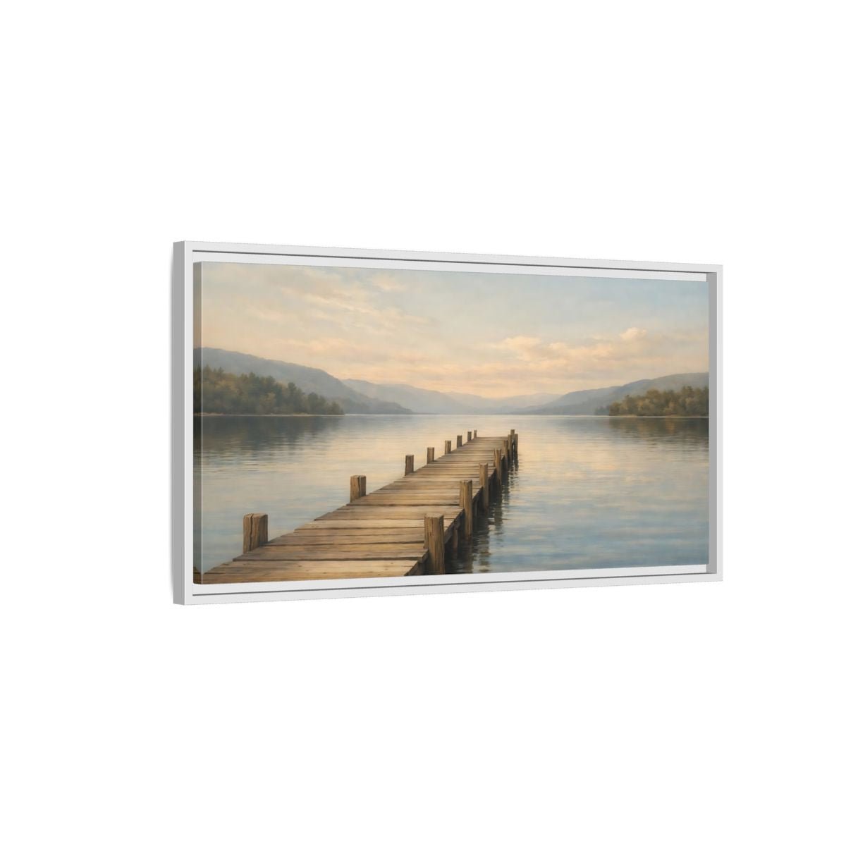 Landscape Nature Wooden Pier Blue And - Framed Canvas Wall Art Print - YesArtYes