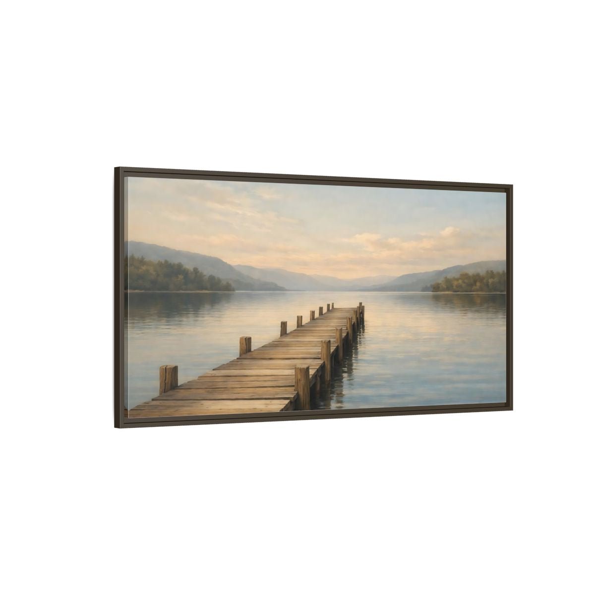 Landscape Nature Wooden Pier Blue And - Framed Canvas Wall Art Print - YesArtYes