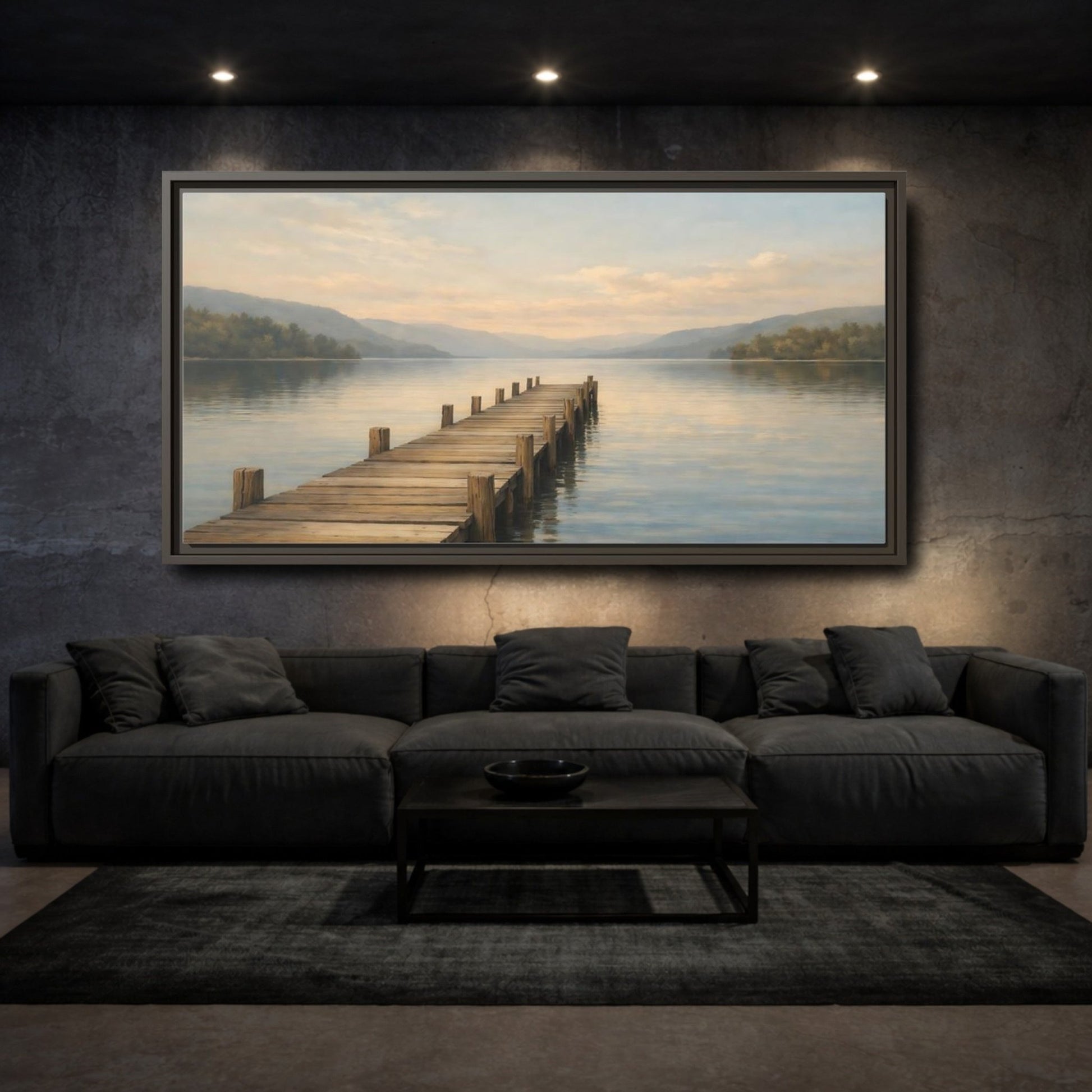 Landscape Nature Wooden Pier Blue And - Framed Canvas Wall Art Print - YesArtYes