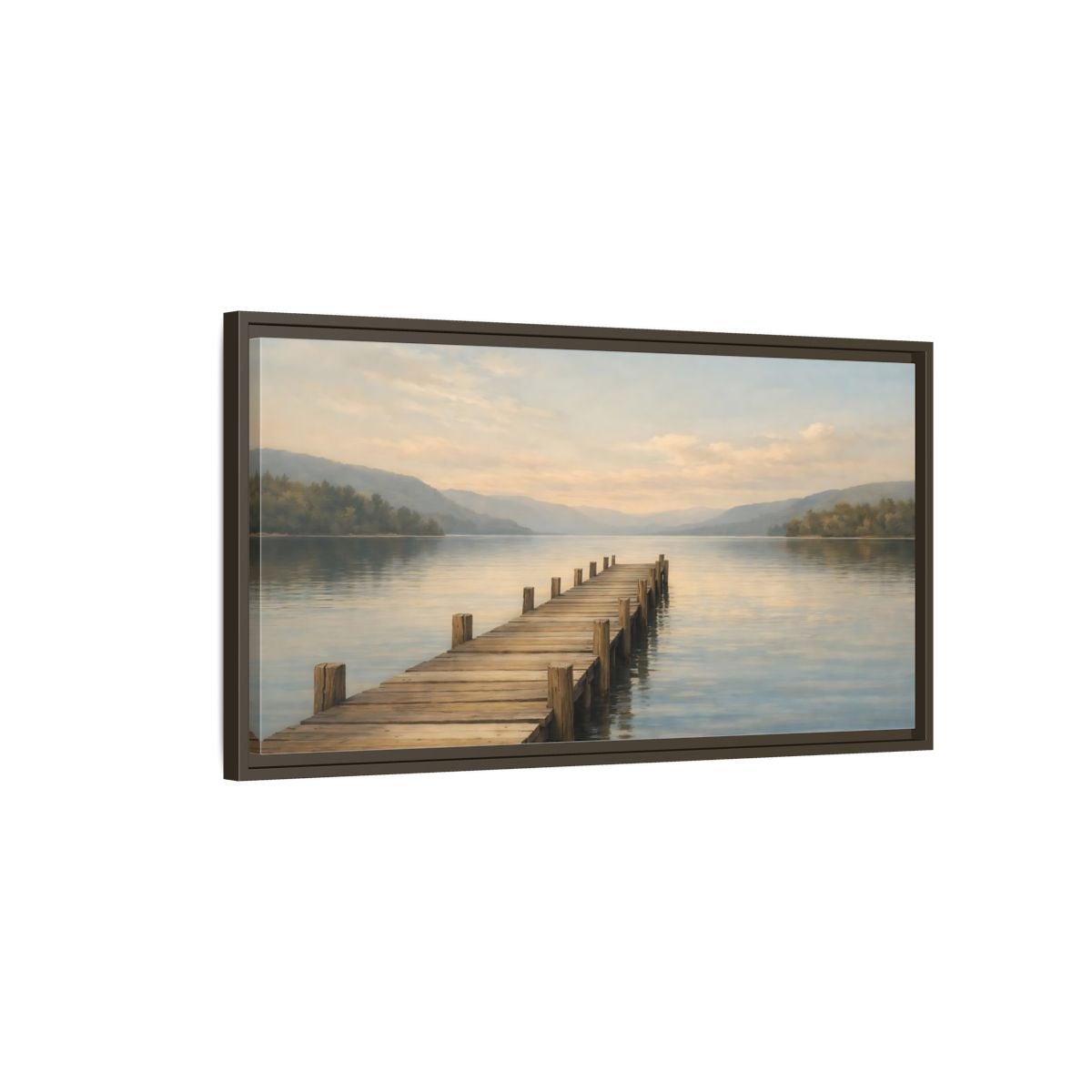 Landscape Nature Wooden Pier Blue And - Framed Canvas Wall Art Print - YesArtYes