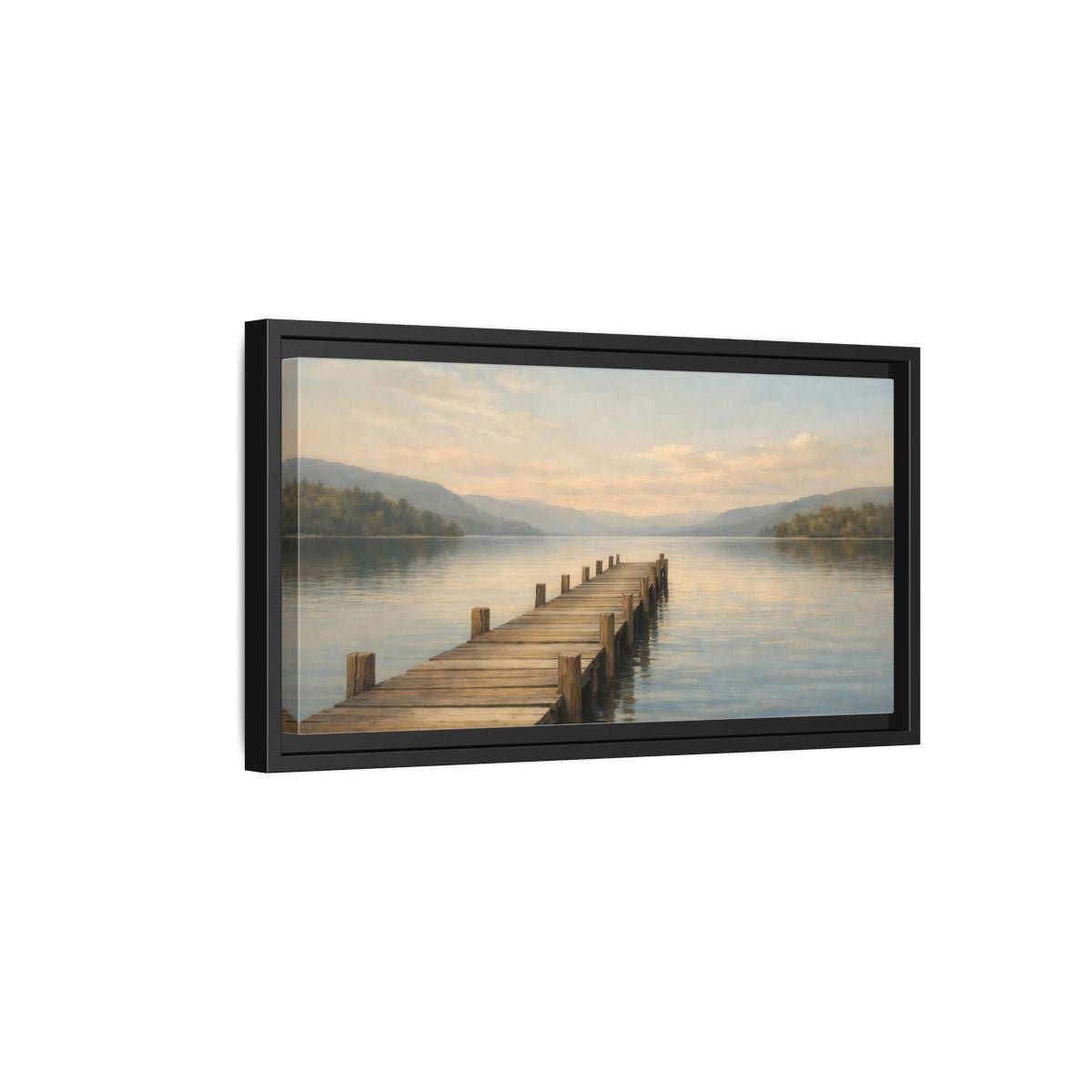 Landscape Nature Wooden Pier Blue And - Framed Canvas Wall Art Print - YesArtYes