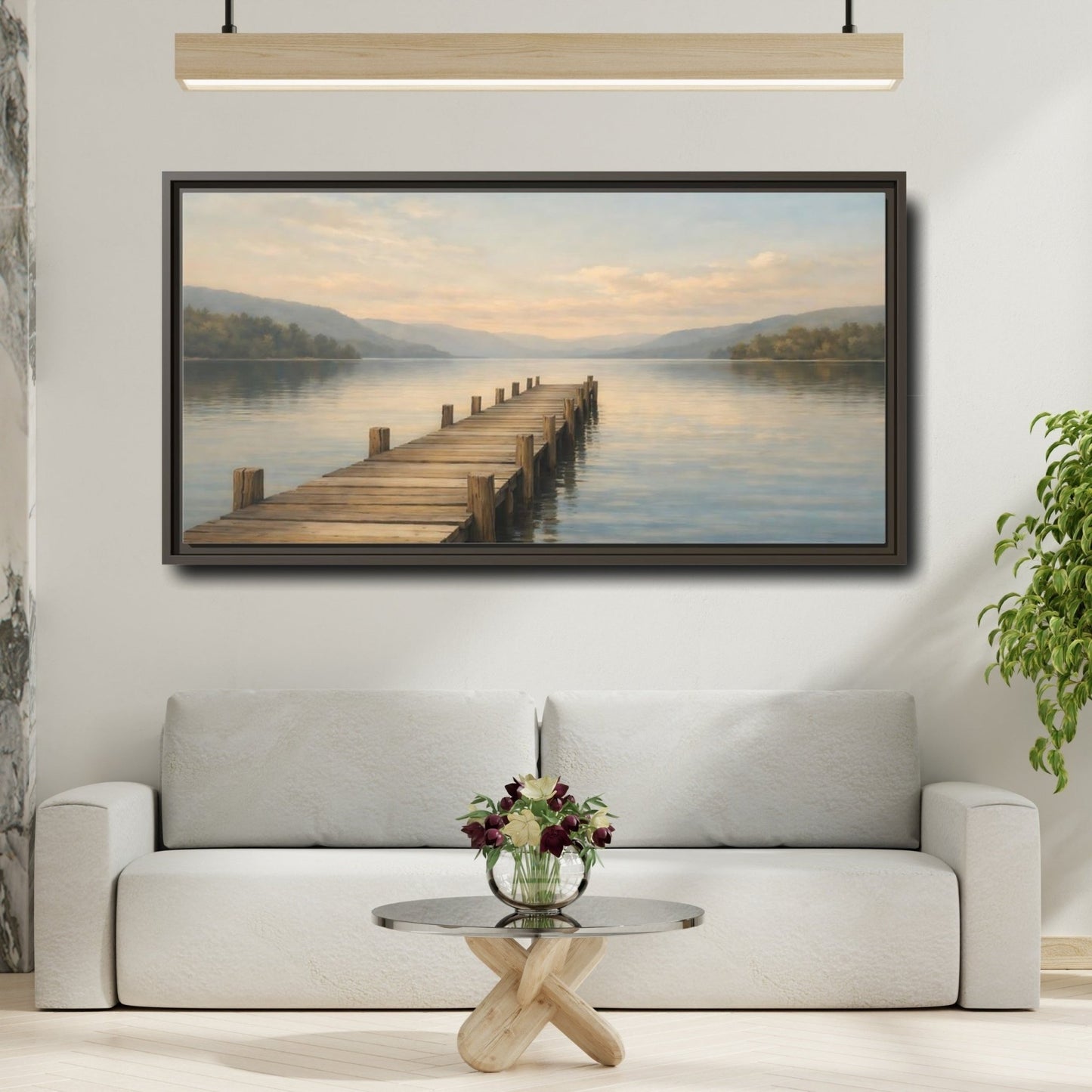 Landscape Nature Wooden Pier Blue And - Framed Canvas Wall Art Print - YesArtYes