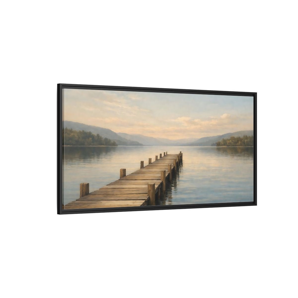 Landscape Nature Wooden Pier Blue And - Framed Canvas Wall Art Print - YesArtYes