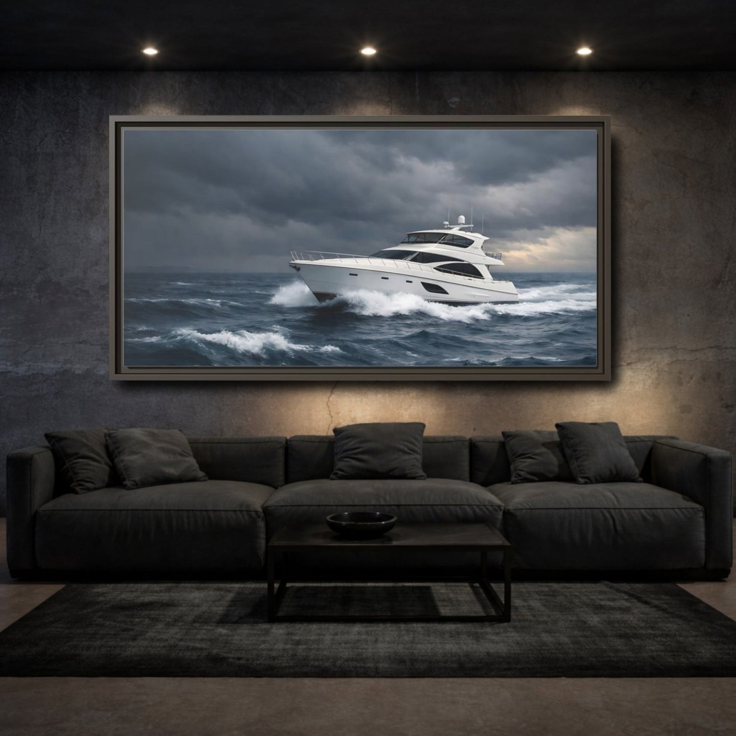 Landscape Nature Yacht Dark Blue Ocean - Framed Canvas Wall Art Print - YesArtYes