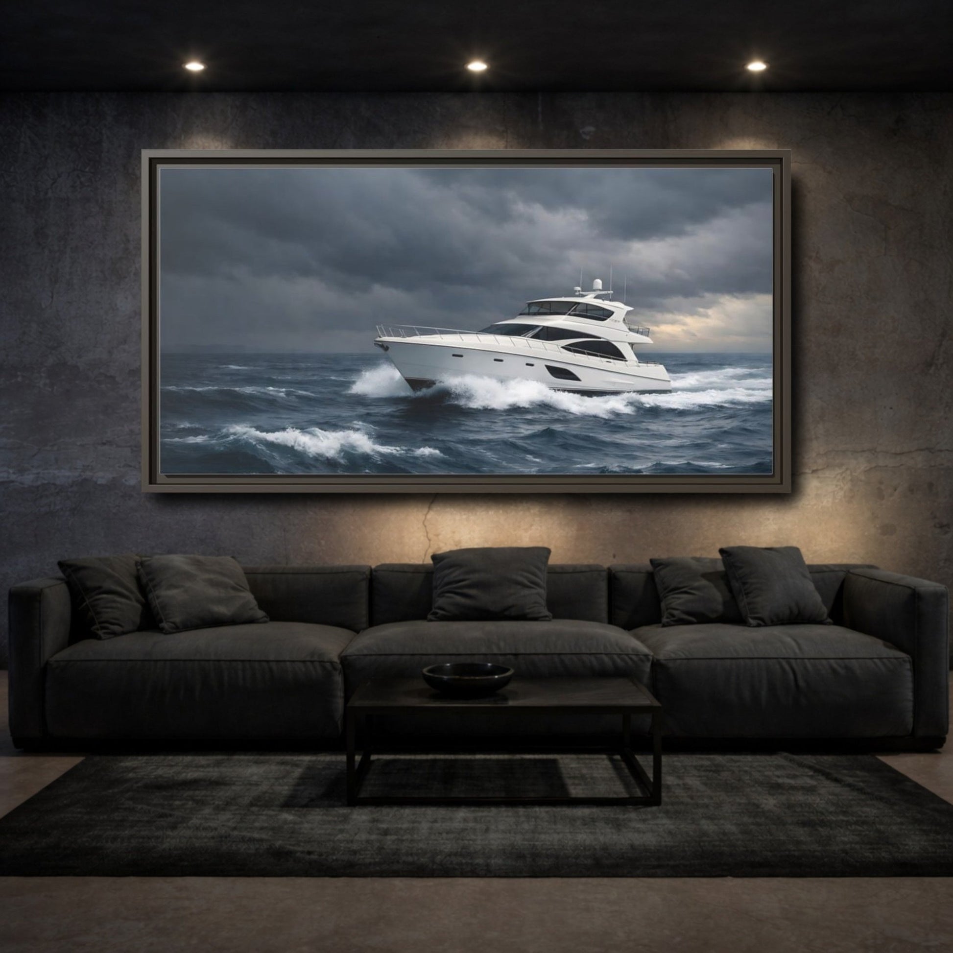 Landscape Nature Yacht Dark Blue Ocean - Framed Canvas Wall Art Print - YesArtYes