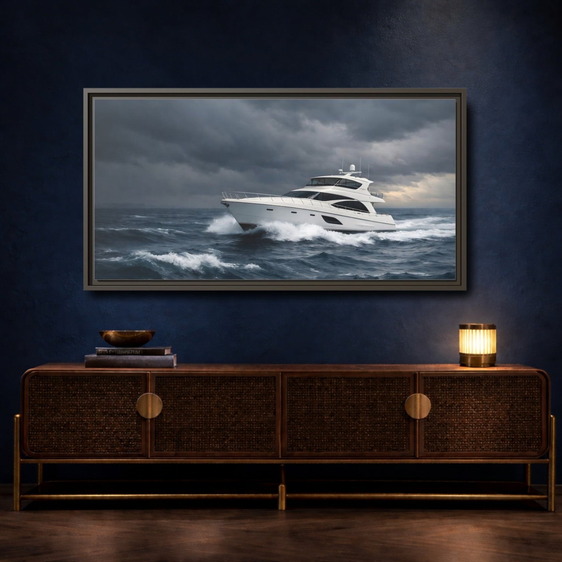 Landscape Nature Yacht Dark Blue Ocean - Framed Canvas Wall Art Print - YesArtYes
