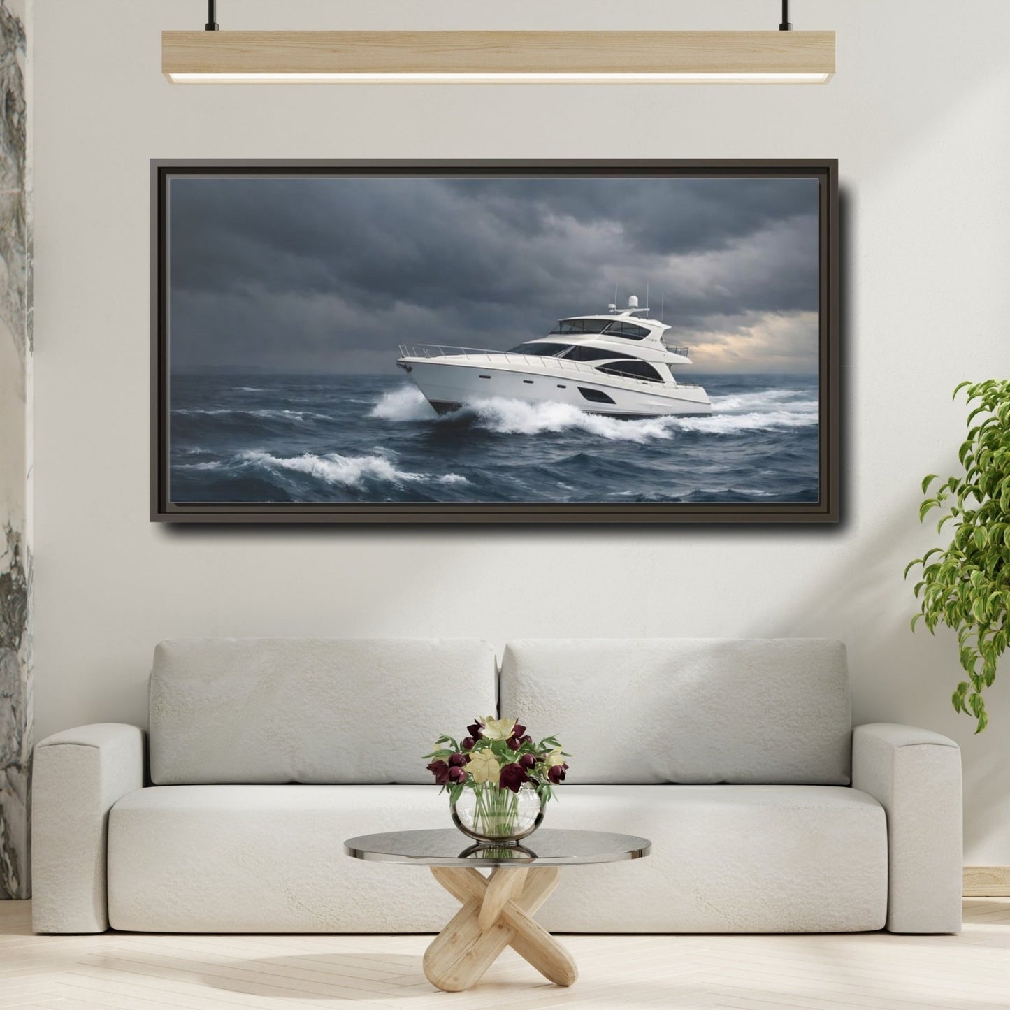 Landscape Nature Yacht Dark Blue Ocean - Framed Canvas Wall Art Print - YesArtYes