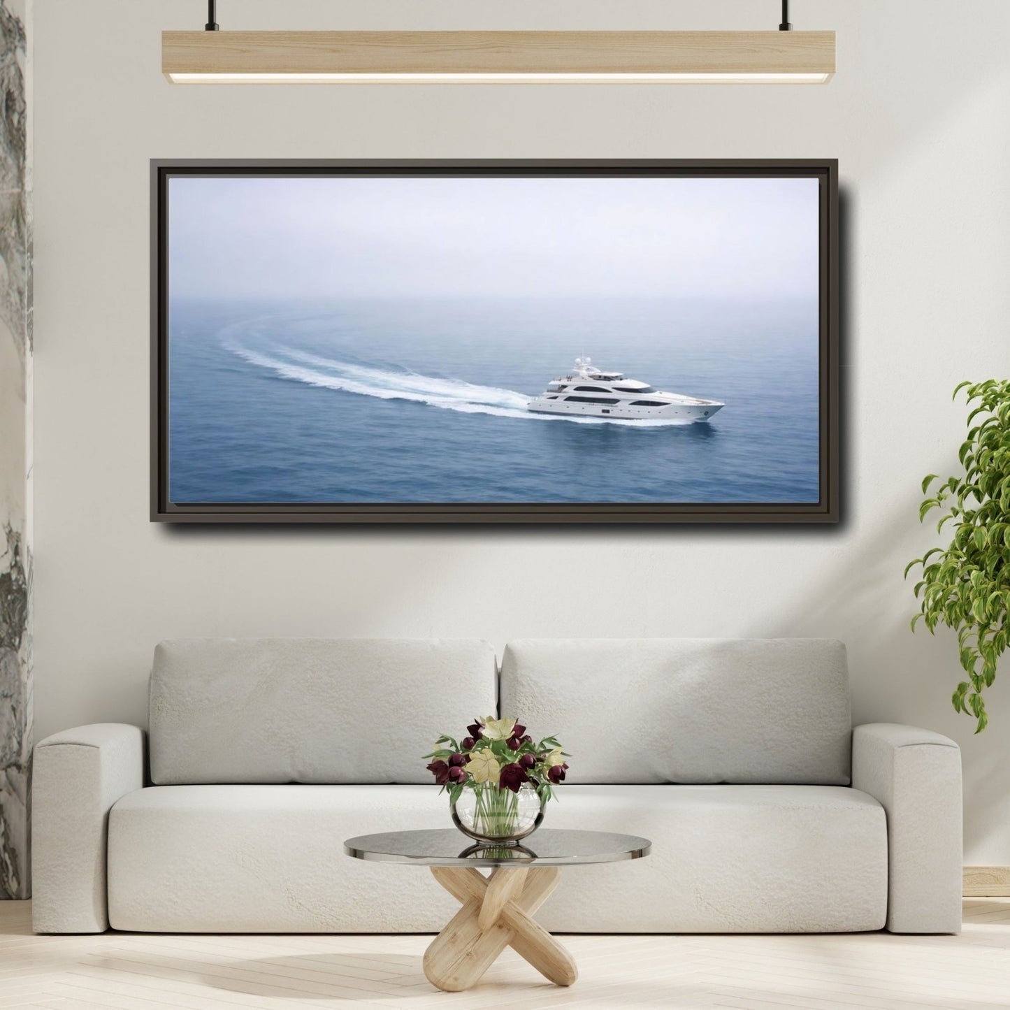 Landscape Nature Yacht White Blue Sea - Framed Canvas Wall Art Print - YesArtYes