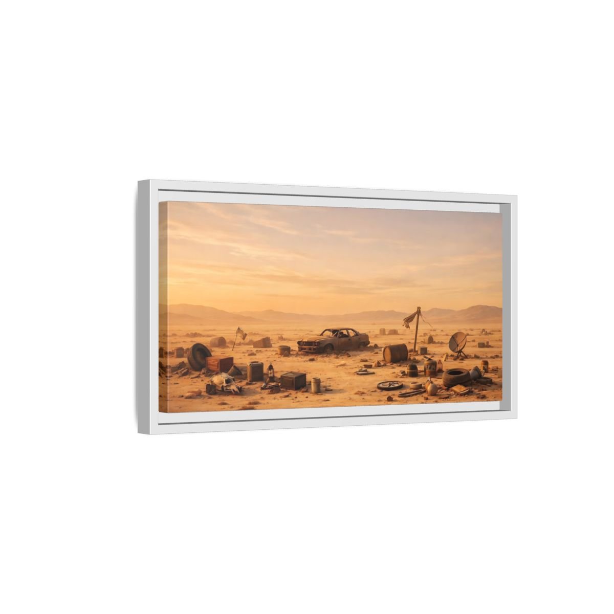 Landscape Science Fiction Wrecked Car Desert - Framed Canvas Wall Art Print - YesArtYes