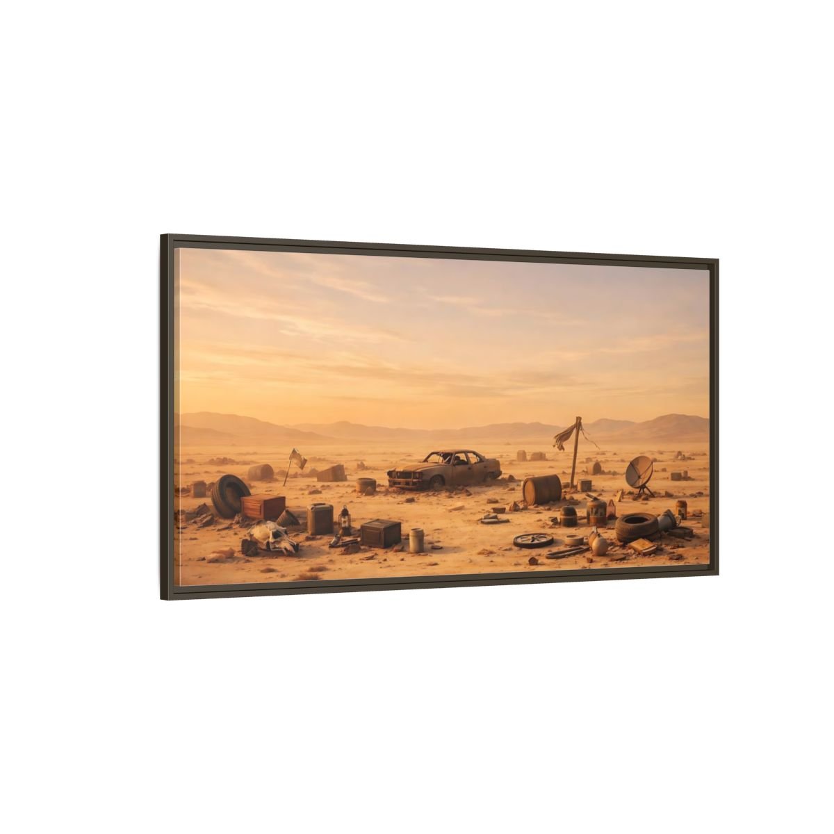 Landscape Science Fiction Wrecked Car Desert - Framed Canvas Wall Art Print - YesArtYes