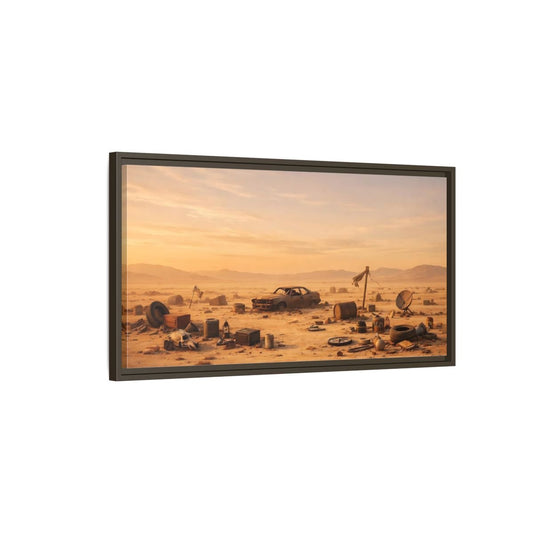 Landscape Science Fiction Wrecked Car Desert - Framed Canvas Wall Art Print - YesArtYes