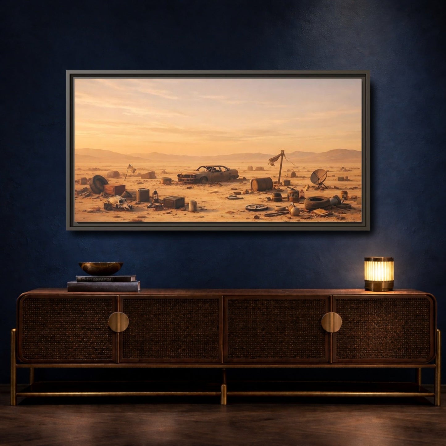 Landscape Science Fiction Wrecked Car Desert - Framed Canvas Wall Art Print - YesArtYes