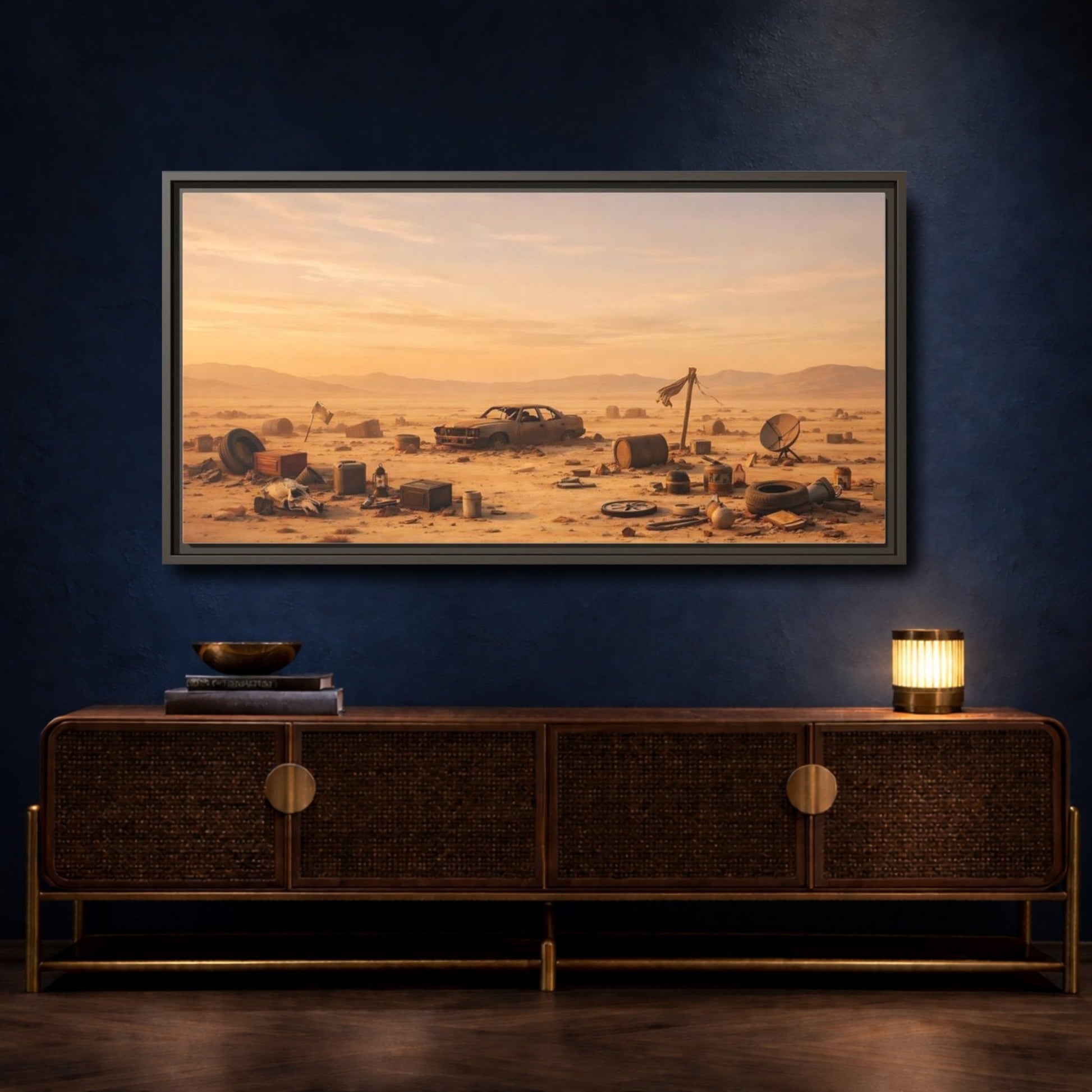 Landscape Science Fiction Wrecked Car Desert - Framed Canvas Wall Art Print - YesArtYes