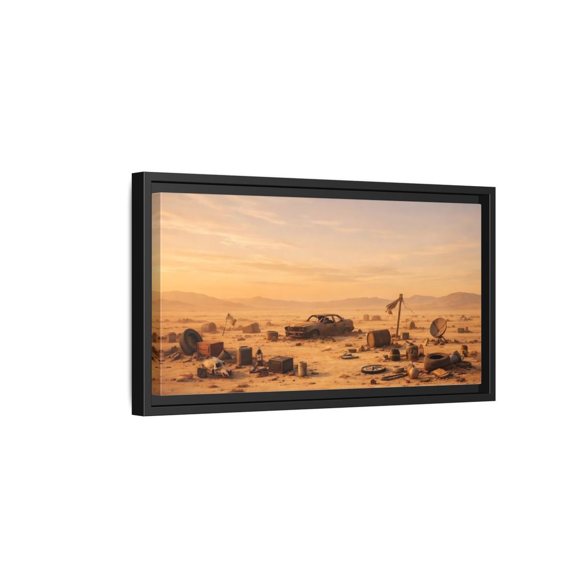 Landscape Science Fiction Wrecked Car Desert - Framed Canvas Wall Art Print - YesArtYes