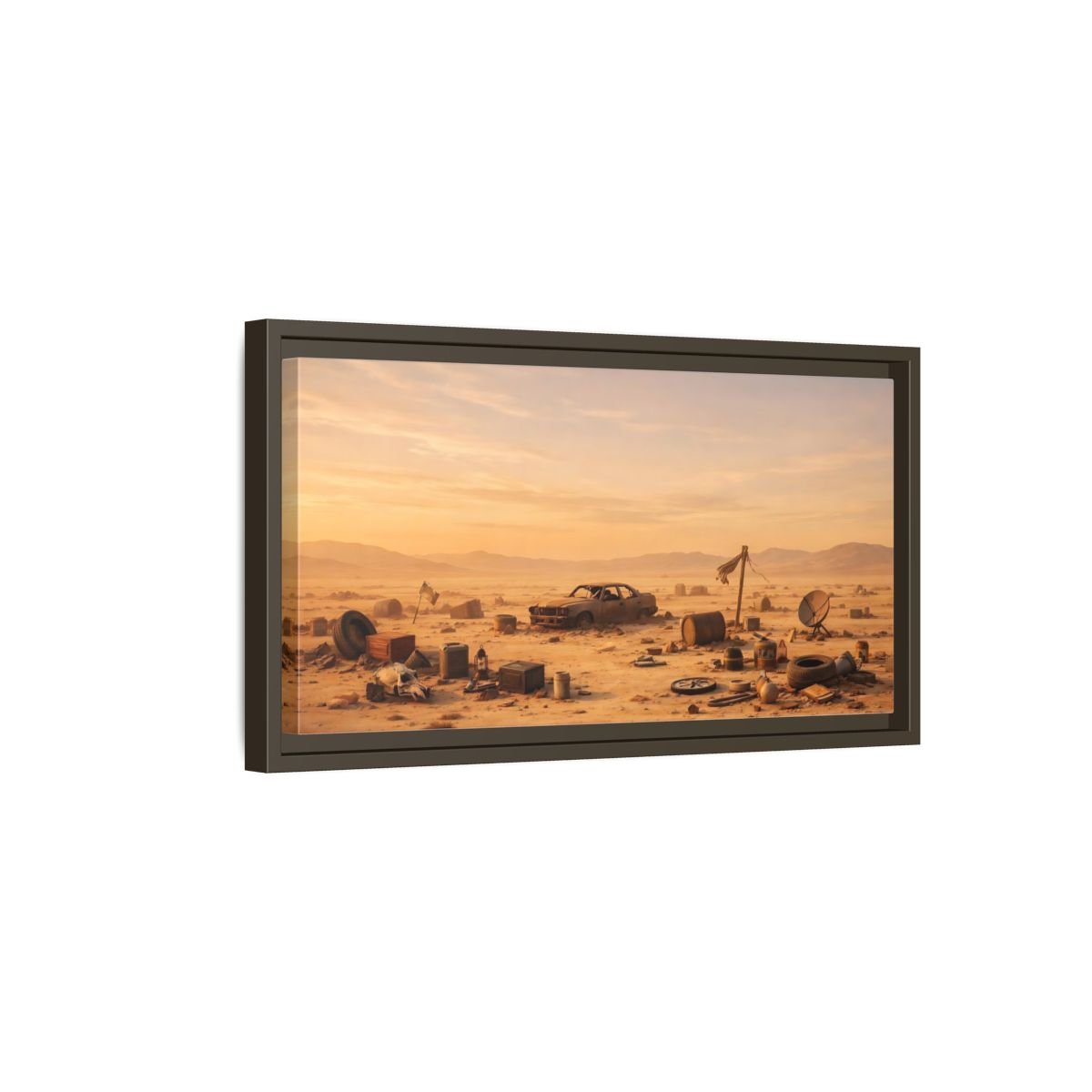 Landscape Science Fiction Wrecked Car Desert - Framed Canvas Wall Art Print - YesArtYes