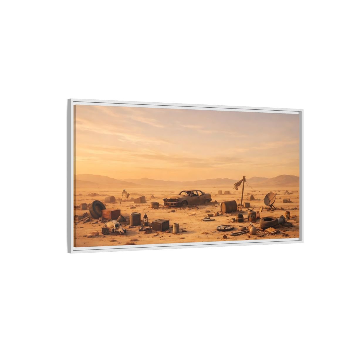 Landscape Science Fiction Wrecked Car Desert - Framed Canvas Wall Art Print - YesArtYes