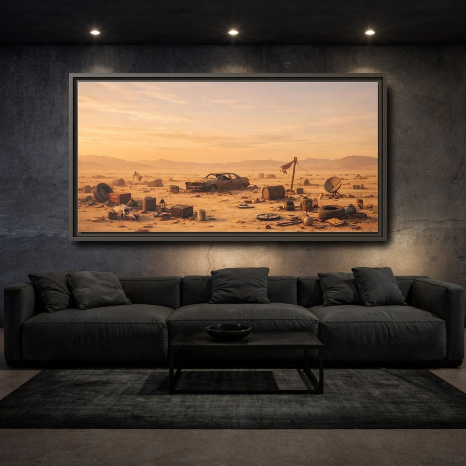 Landscape Science Fiction Wrecked Car Desert - Framed Canvas Wall Art Print - YesArtYes