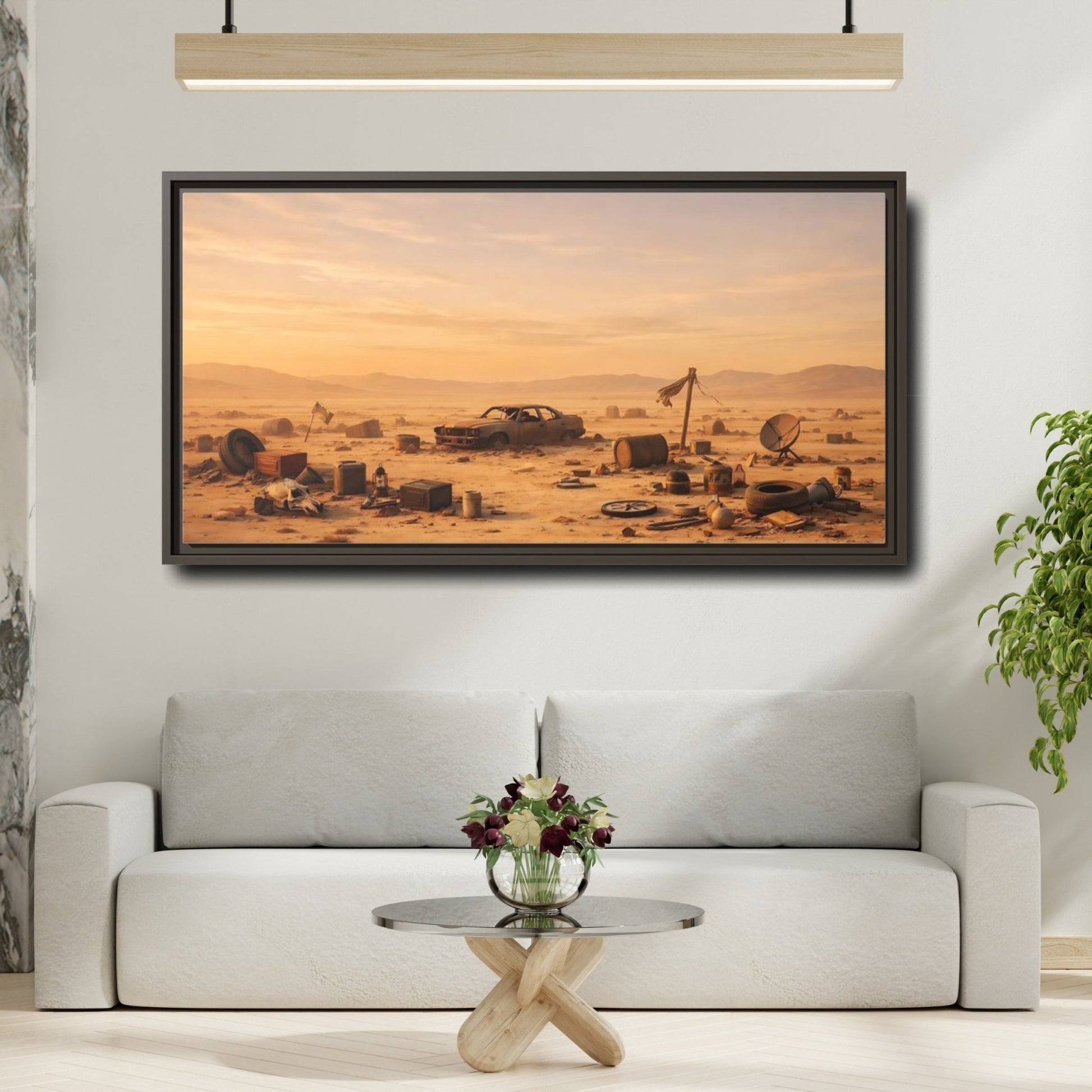 Landscape Science Fiction Wrecked Car Desert - Framed Canvas Wall Art Print - YesArtYes