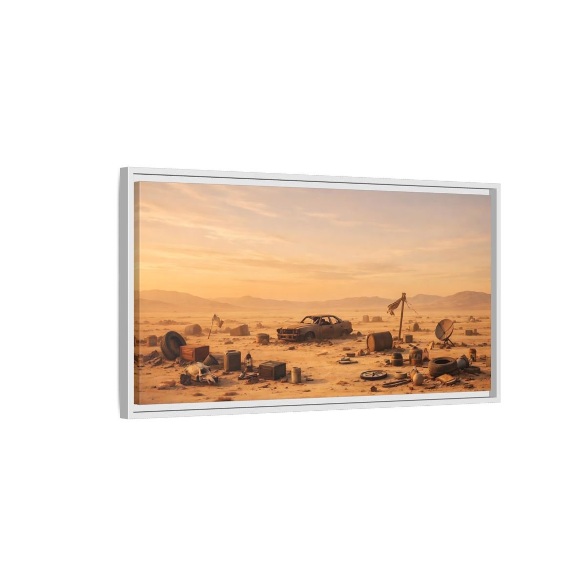 Landscape Science Fiction Wrecked Car Desert - Framed Canvas Wall Art Print - YesArtYes