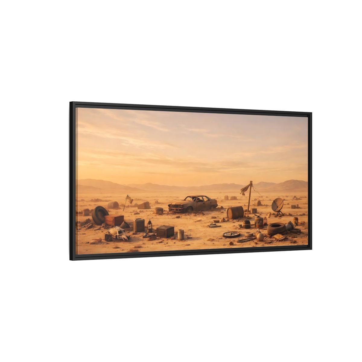 Landscape Science Fiction Wrecked Car Desert - Framed Canvas Wall Art Print - YesArtYes
