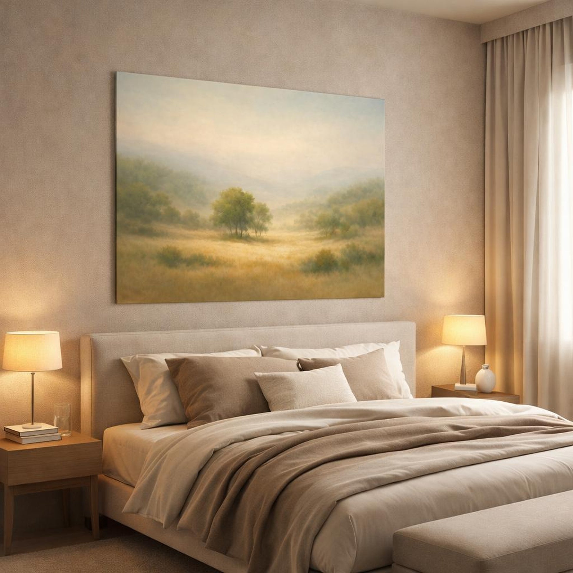 Landscape Trees Hills shown as canvas wall art in a luxury bedroom