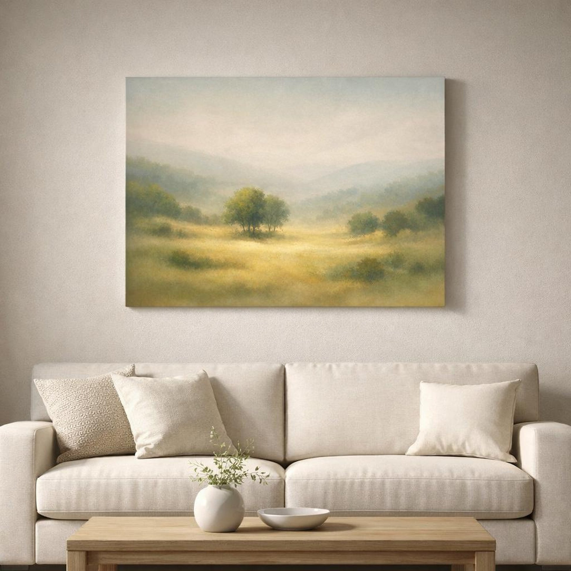Landscape Trees Hills shown as canvas wall art in a luxury executive office