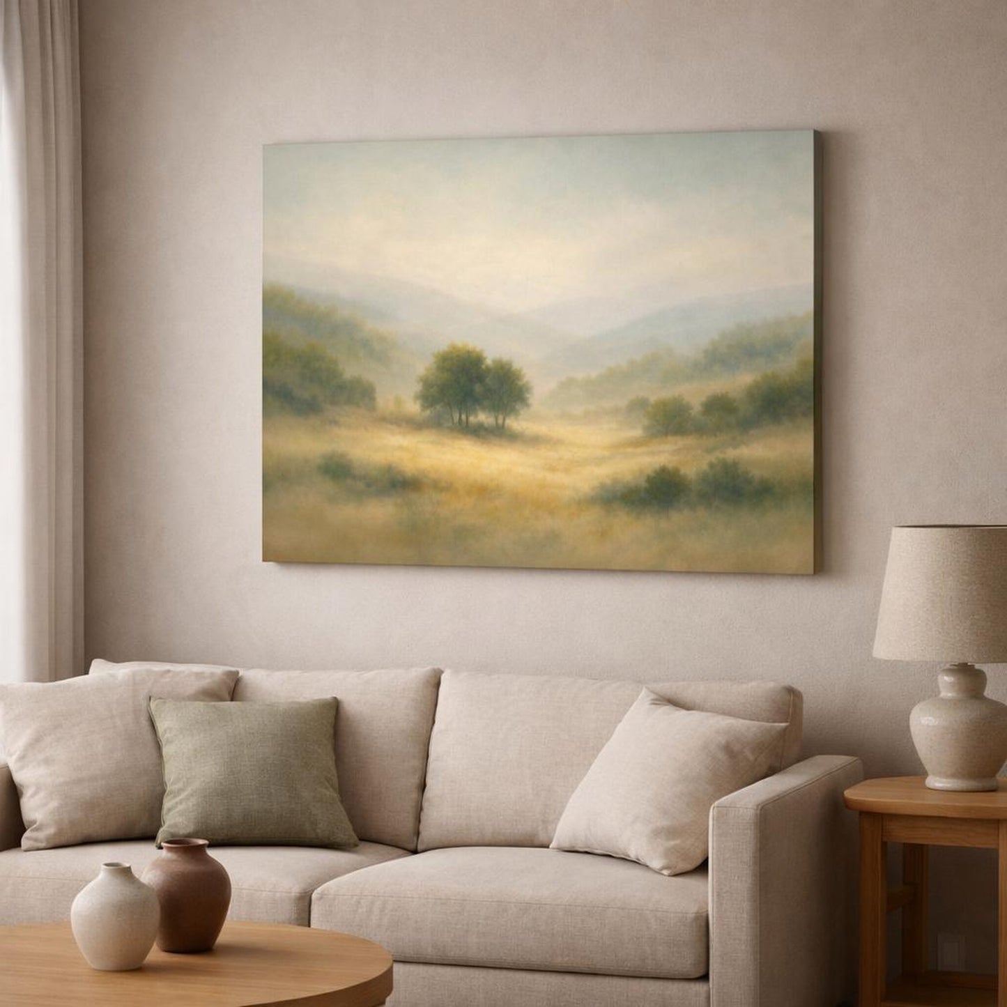 Landscape Trees Hills shown as canvas wall art in a modern living room