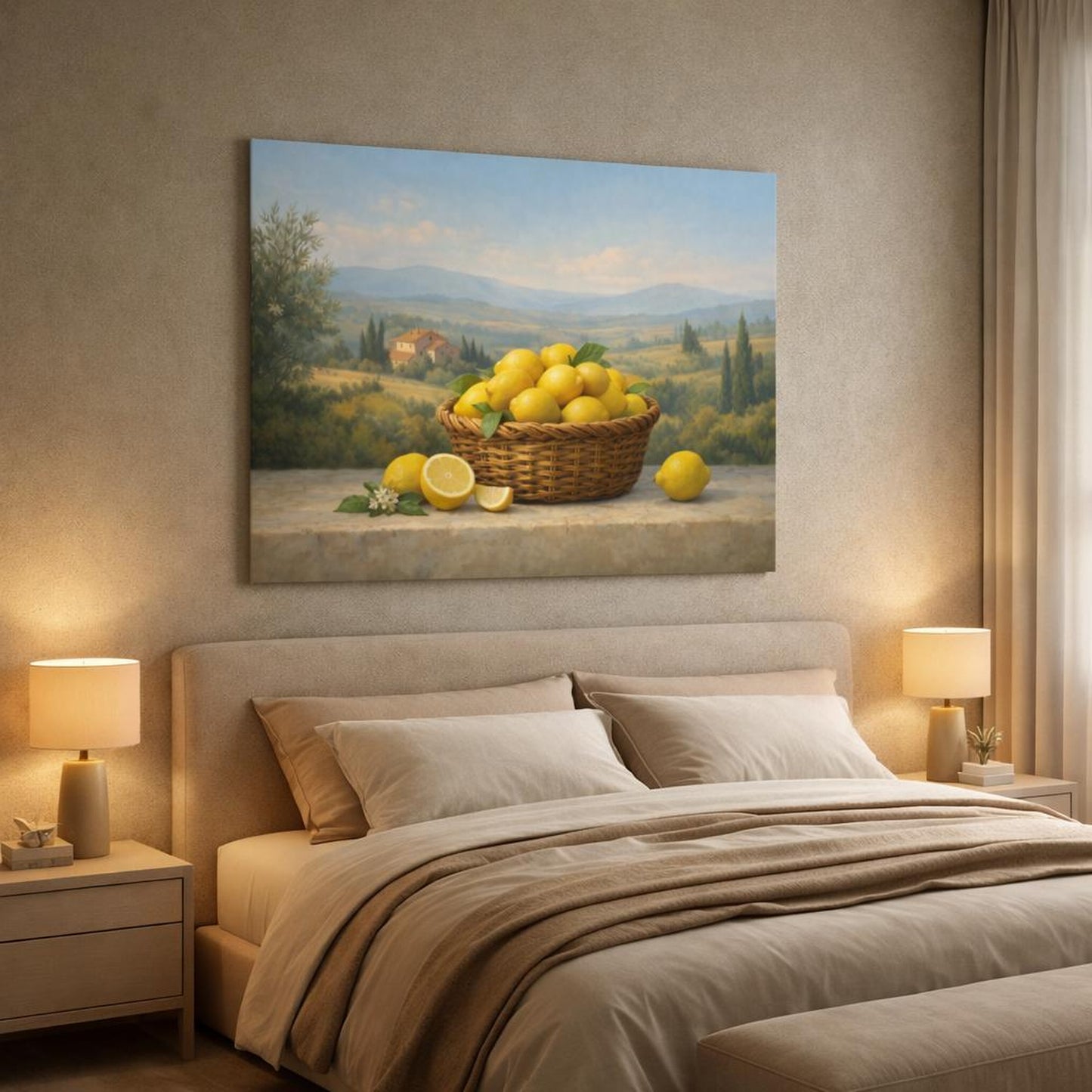 Landscape Tuscan Lemons shown as canvas wall art in a luxury bedroom