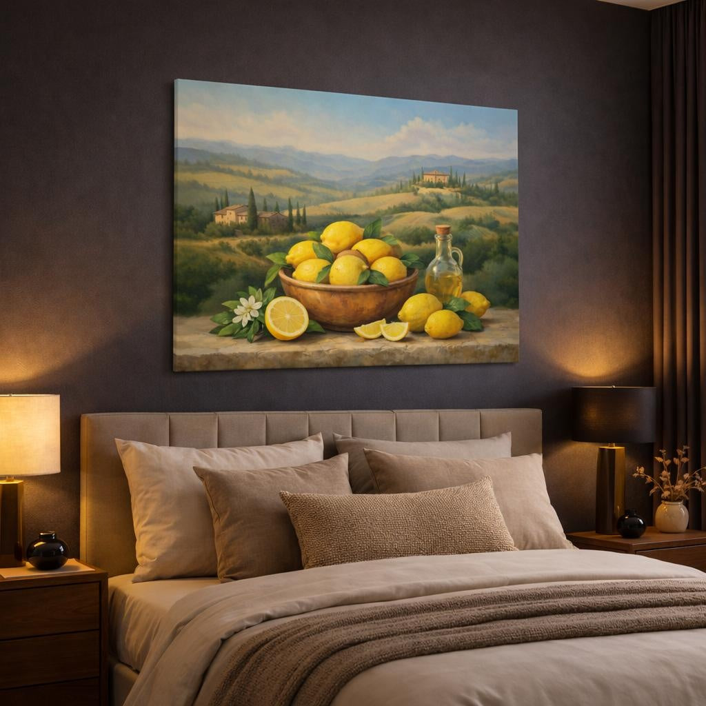Landscape Tuscan Lemons shown as canvas wall art in a luxury bedroom