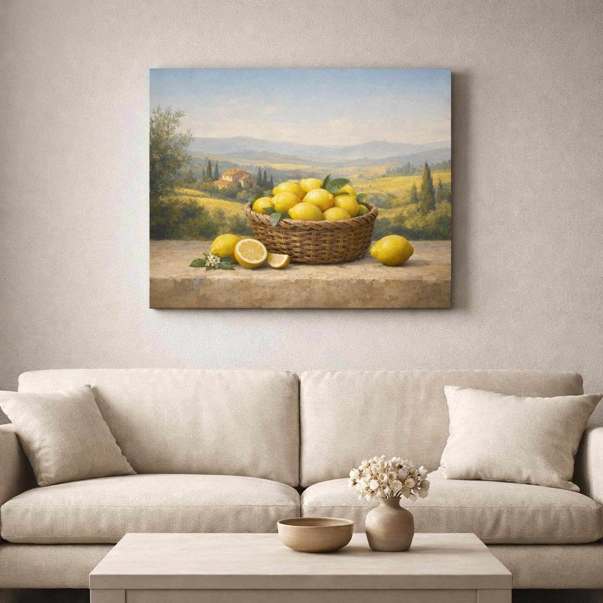 Landscape Tuscan Lemons shown as canvas wall art in a refined dining room