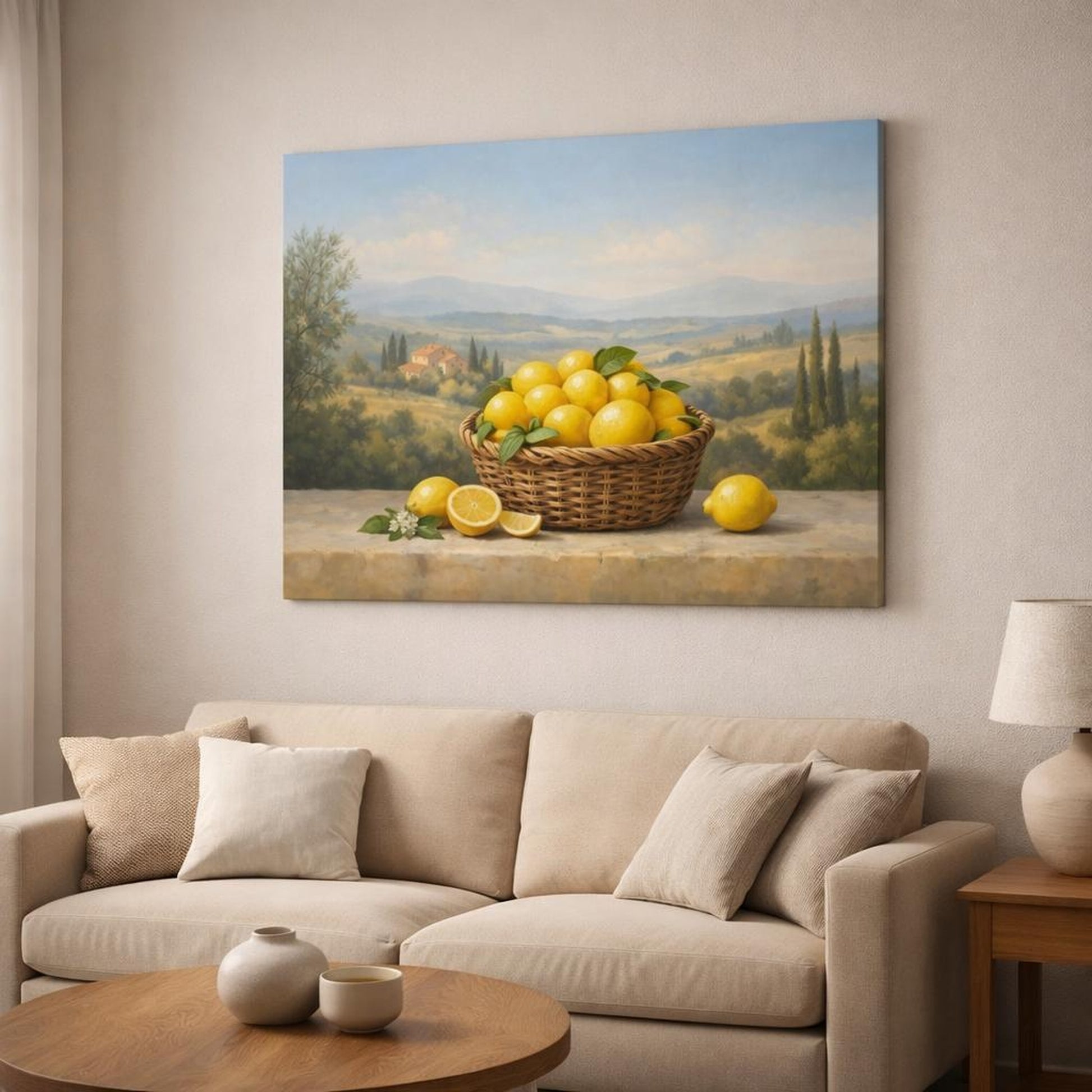 Landscape Tuscan Lemons shown as canvas wall art in a modern living room