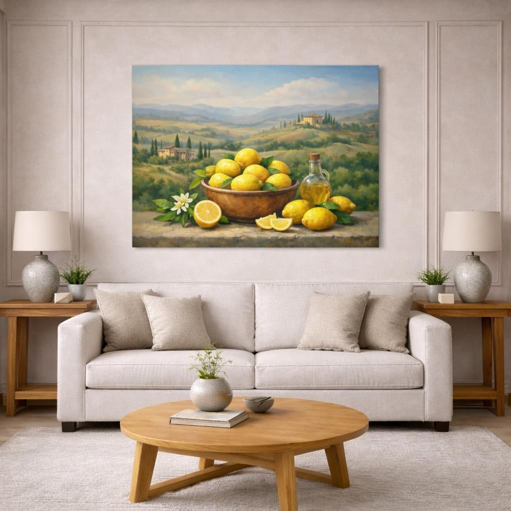 Landscape Tuscan Lemons shown as canvas wall art in a modern living room