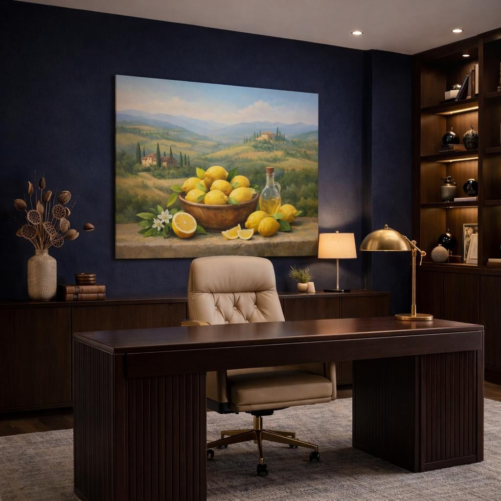 Landscape Tuscan Lemons shown as canvas wall art in a refined dining room