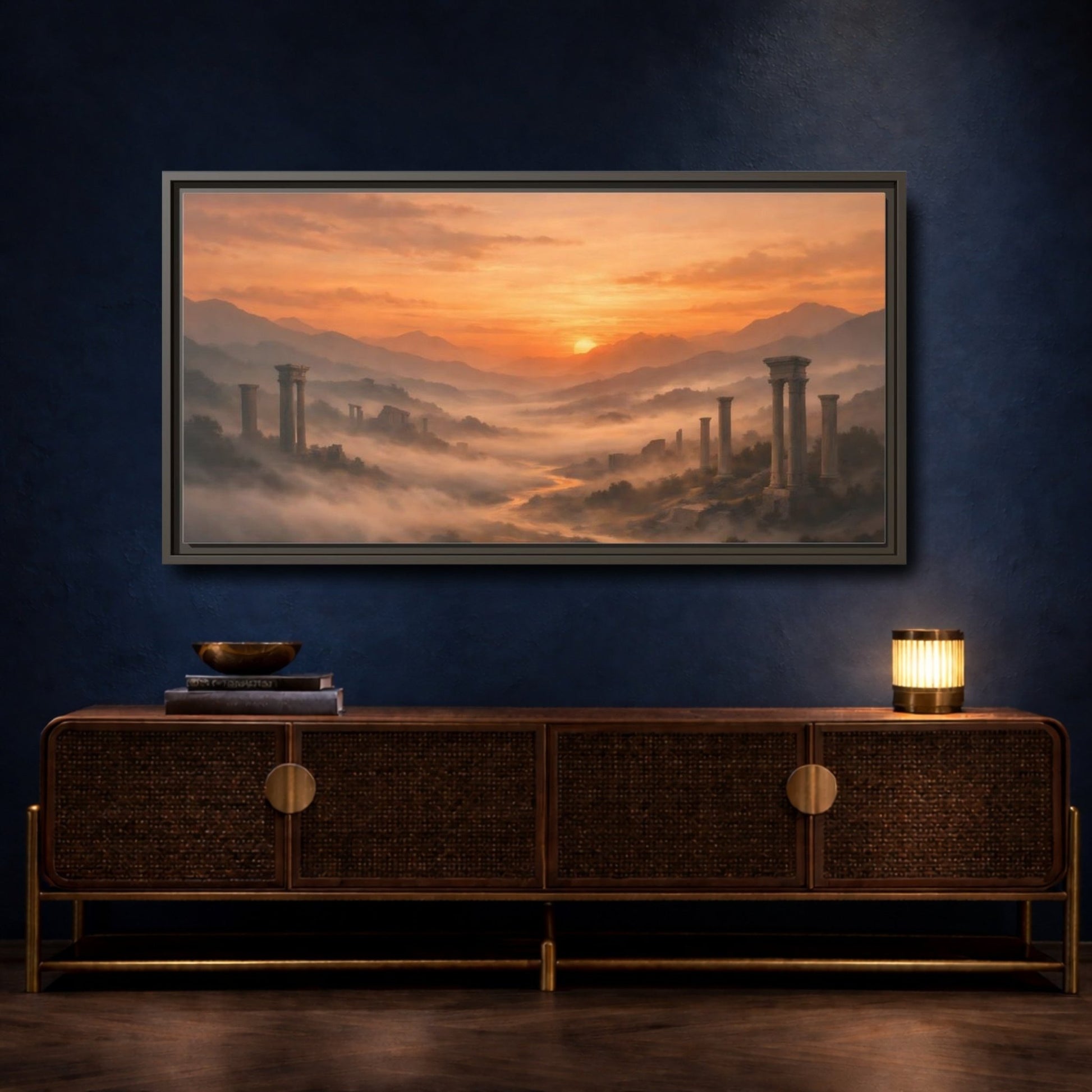 Landscape Vintage Ancient Ruins Orange Sunset - Framed Canvas Wall Art Print - YesArtYes
