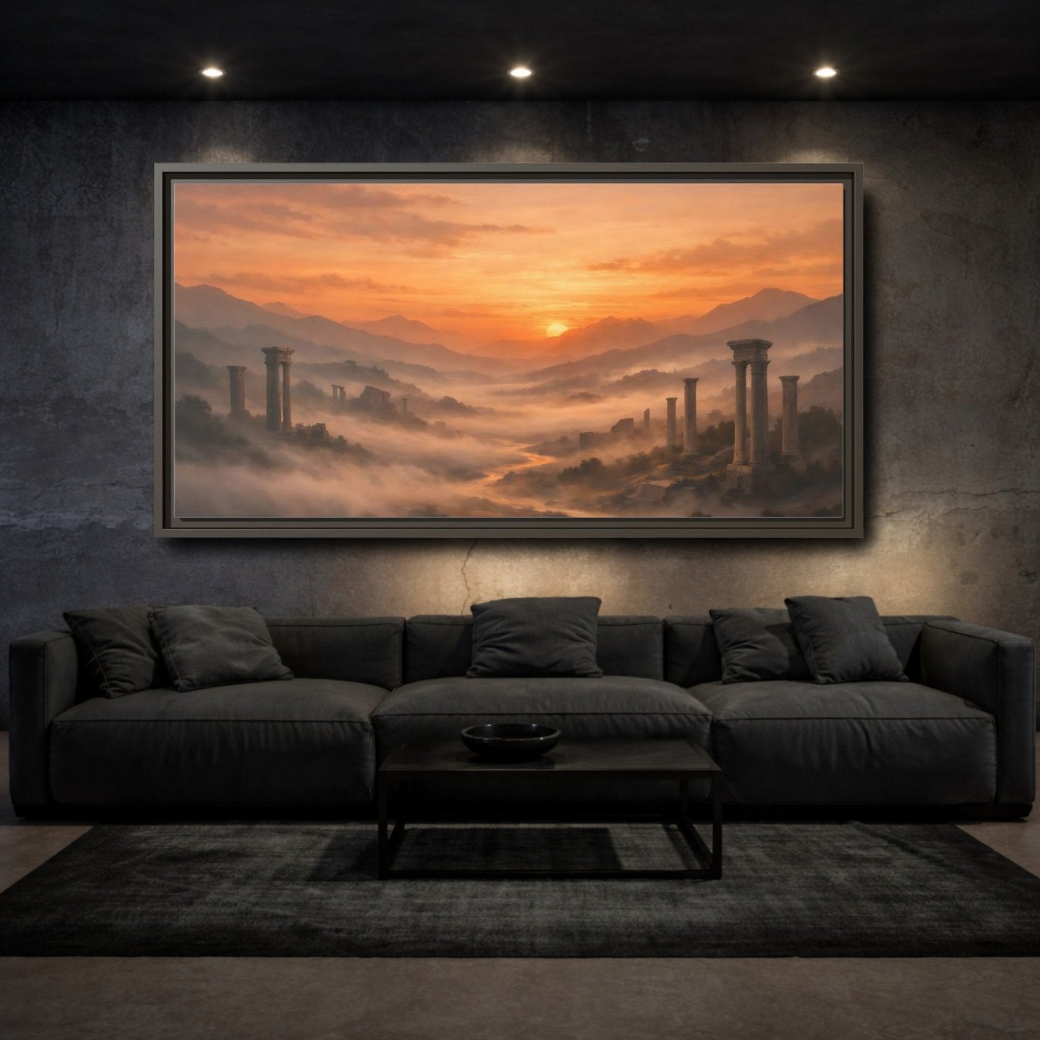 Sunset Valley Ancient Framed Canvas Wall Art - YesArtYes
