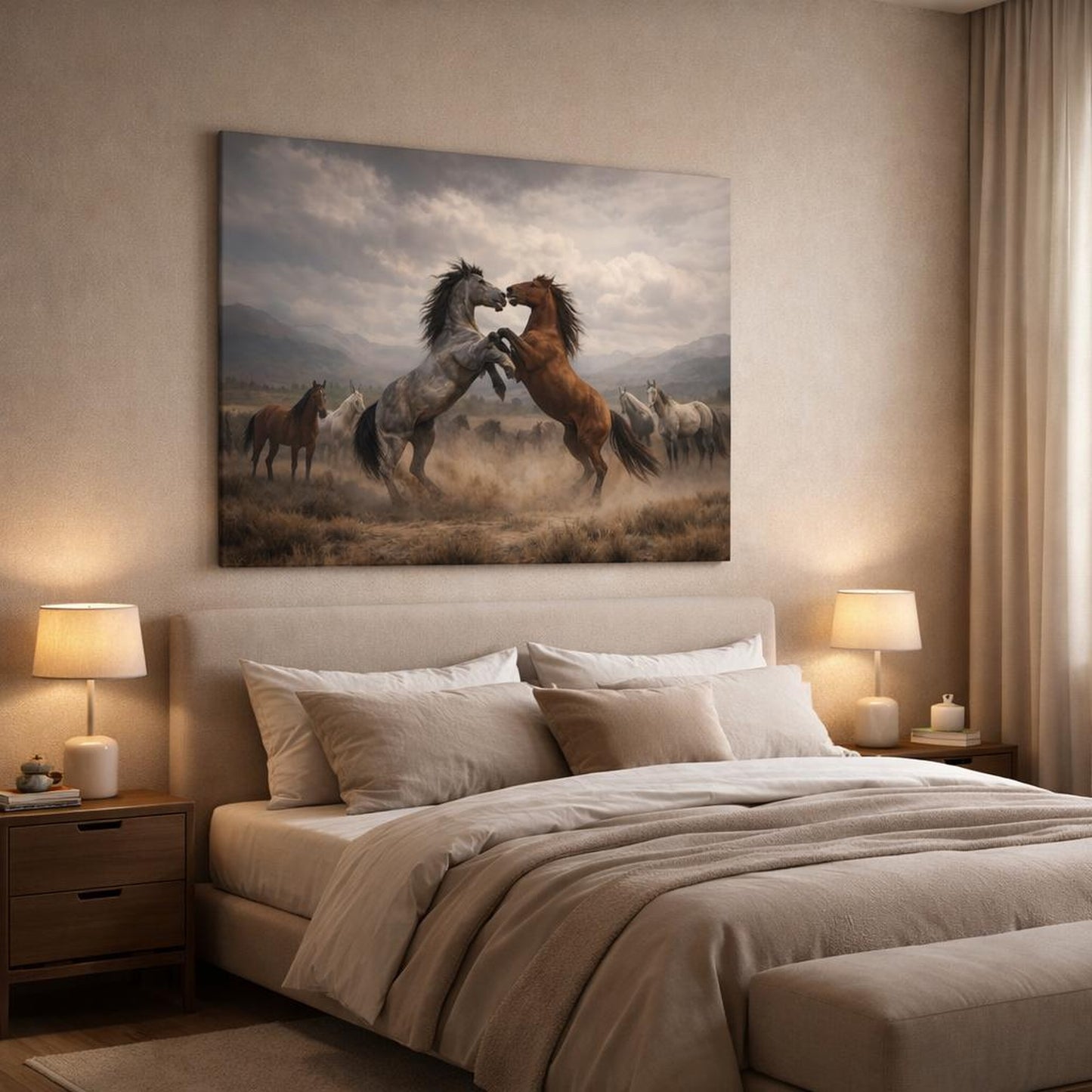 Landscape Wild Horses shown as canvas wall art in a luxury bedroom
