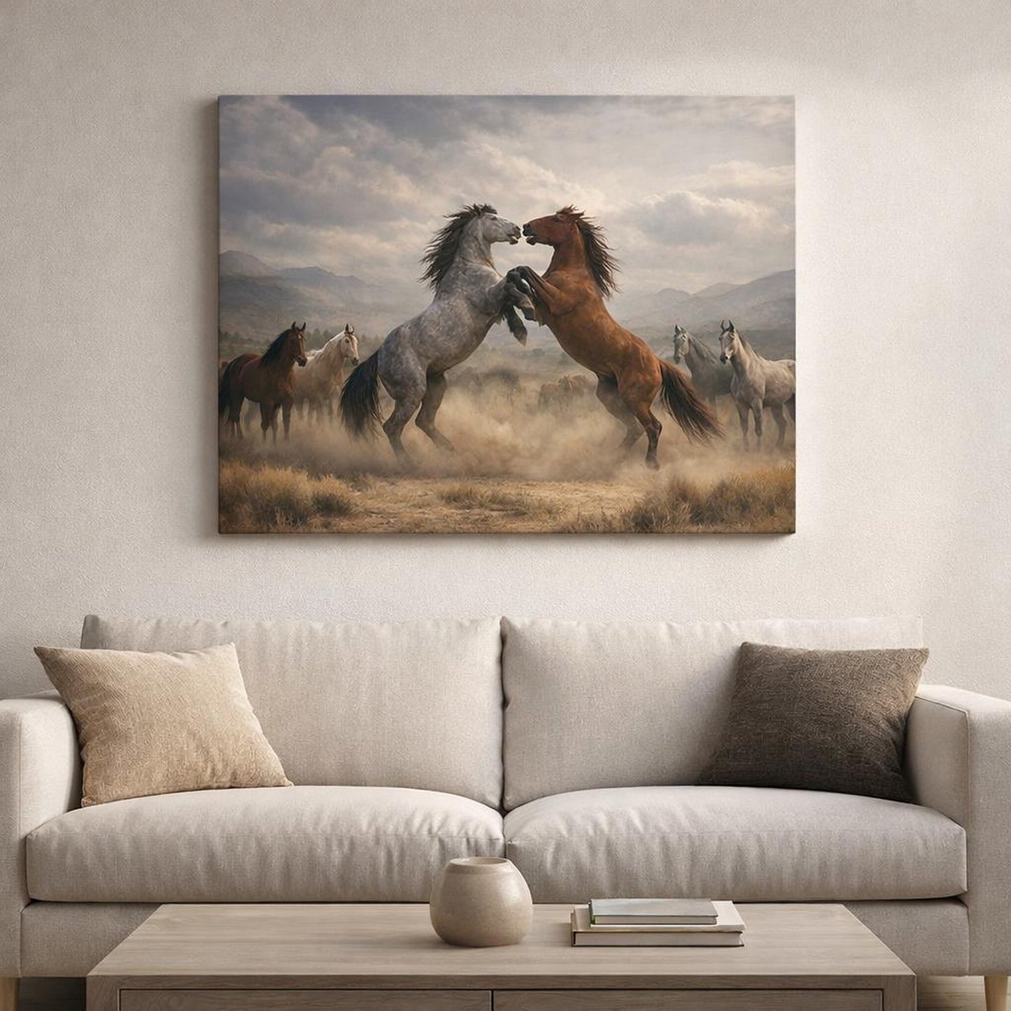 Landscape Wild Horses shown as canvas wall art in a refined dining room
