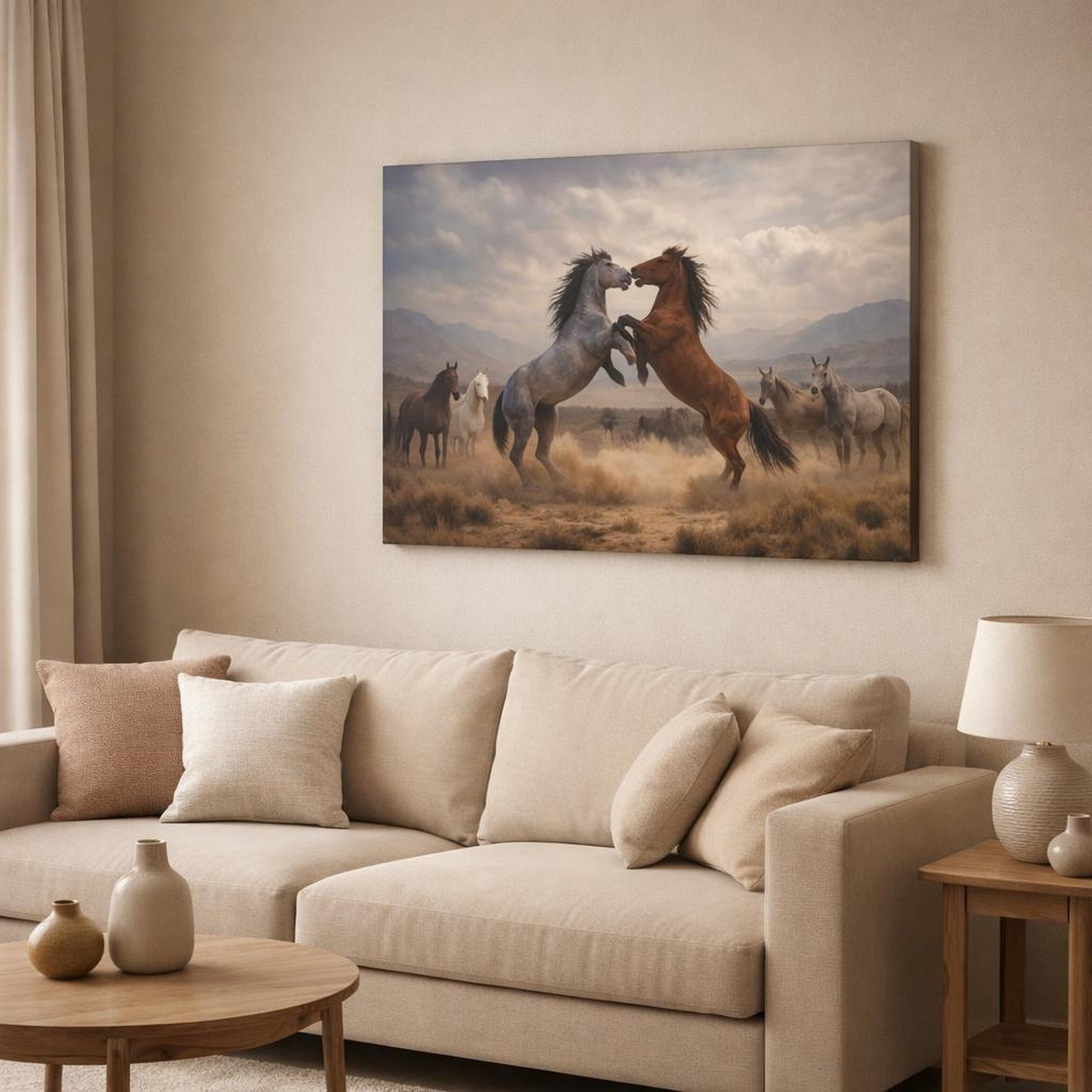 Landscape Wild Horses shown as canvas wall art in a modern living room