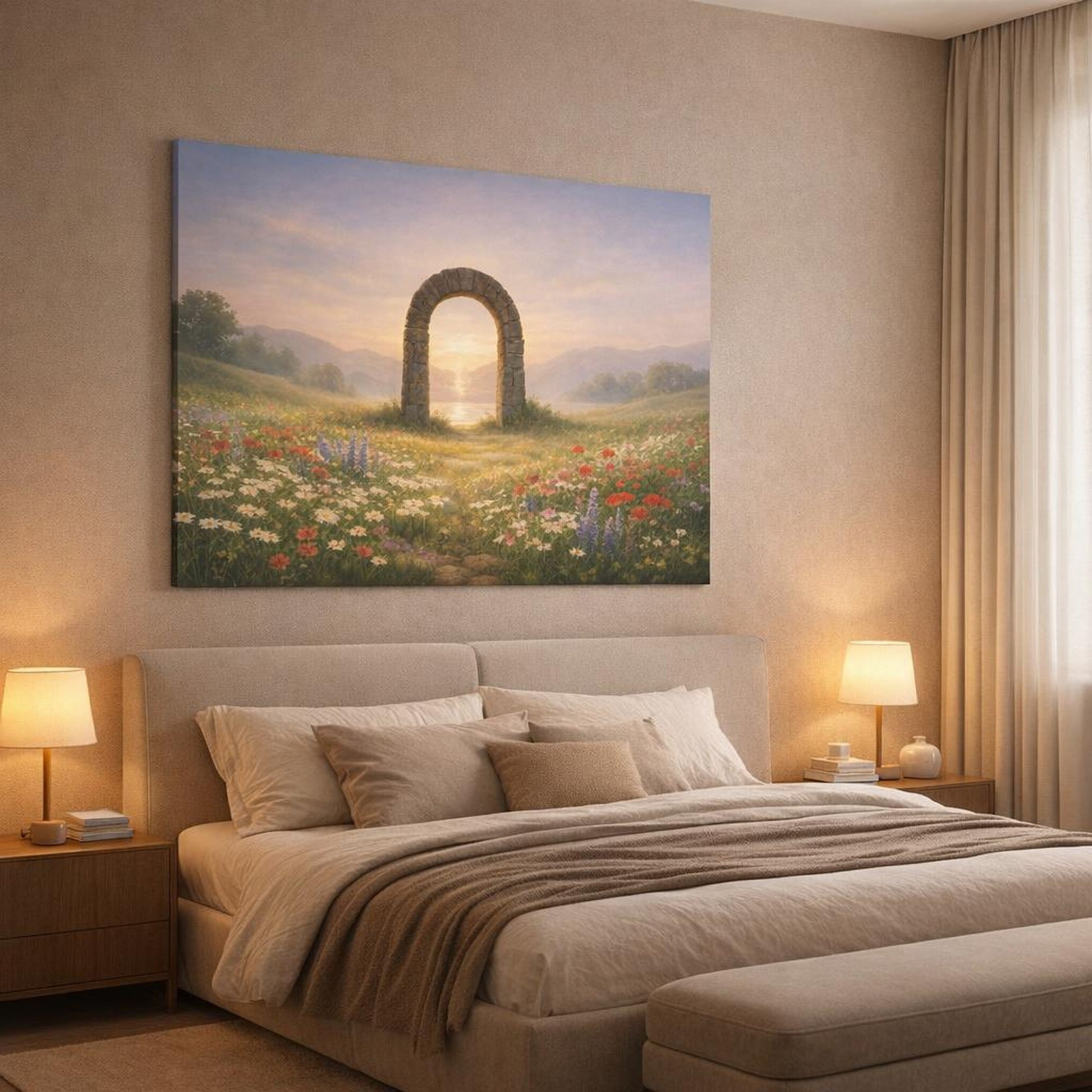 Landscape Wildflowers Calm shown as canvas wall art in a luxury bedroom